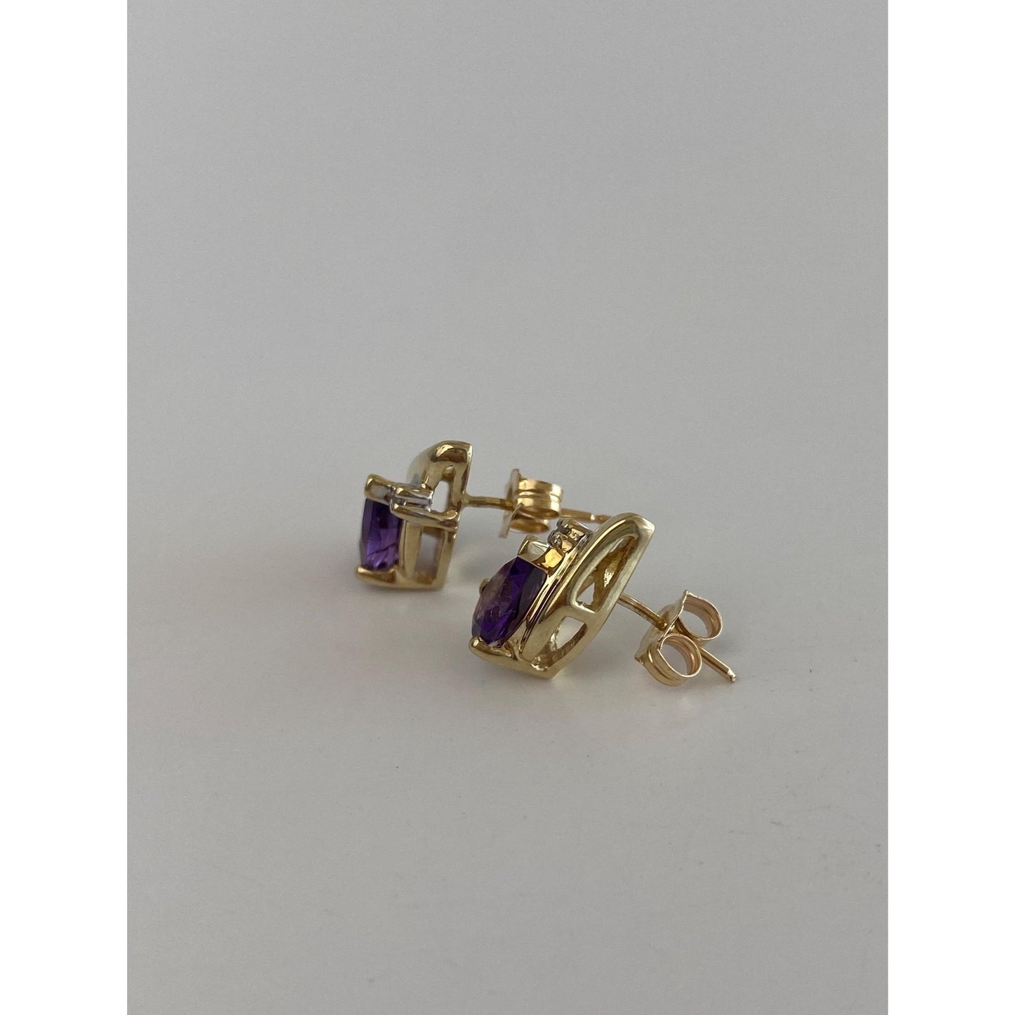 Vintage Solid 10k Yellow Gold Diamond Amethyst Stud Earrings