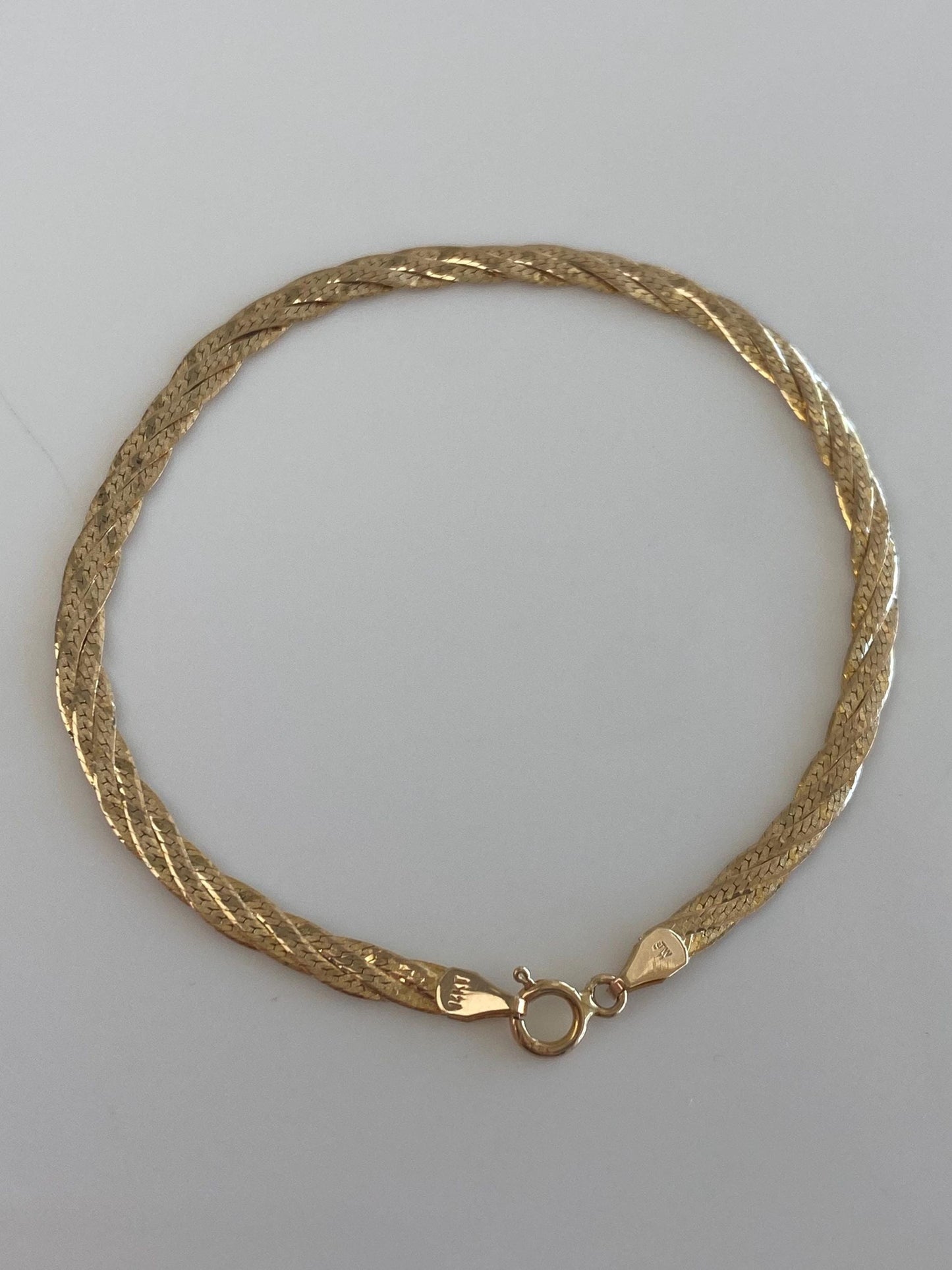 Vintage Solid 14k Yellow Gold Braided Herringbone Chain Bracelet - 7 inches