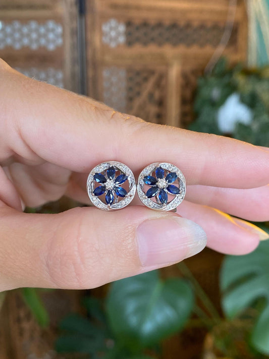 Vintage Solid 14k White Gold Diamond Blue Sapphire Drop Earrings