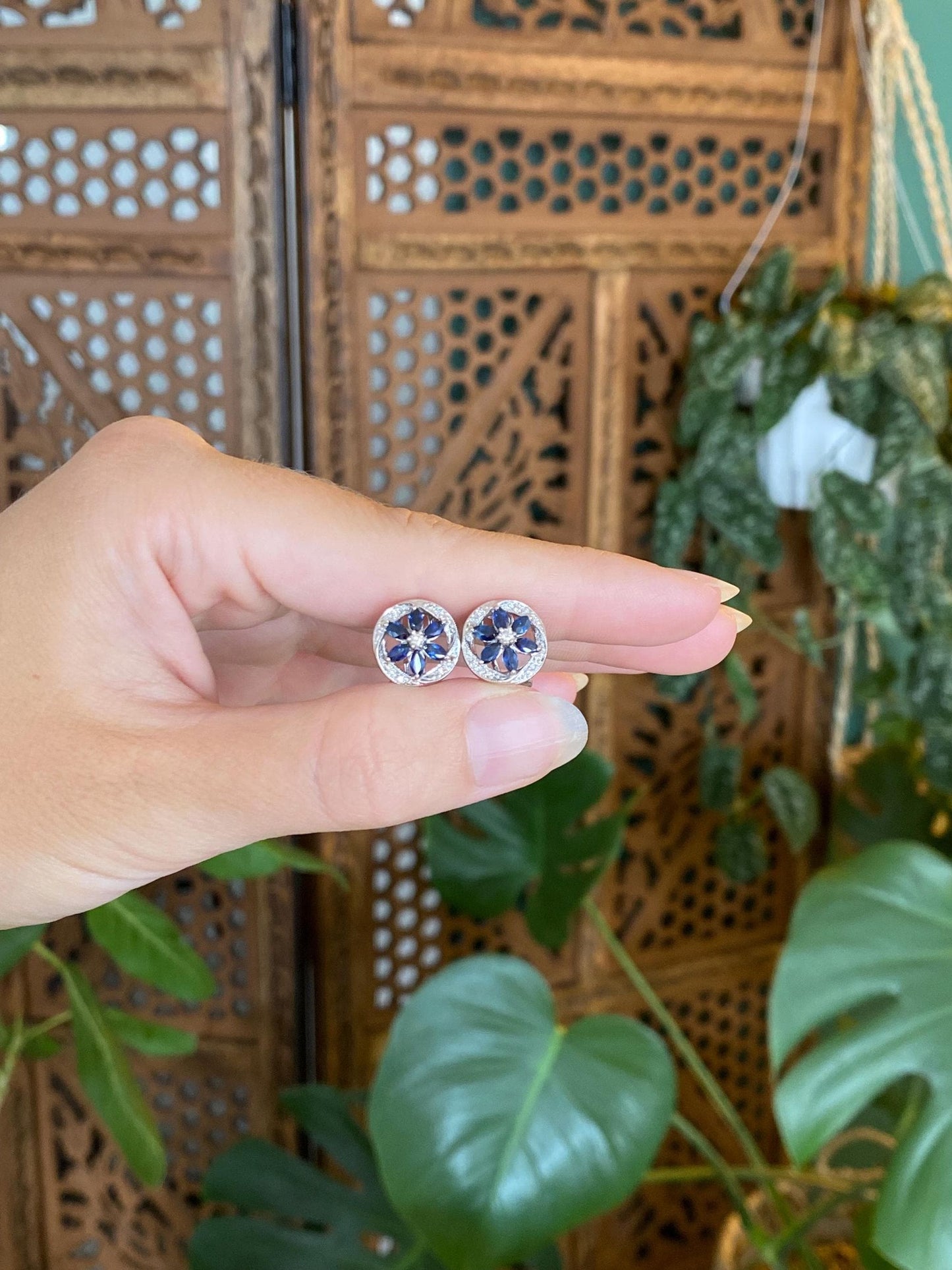 Vintage Solid 14k White Gold Diamond Blue Sapphire Drop Earrings