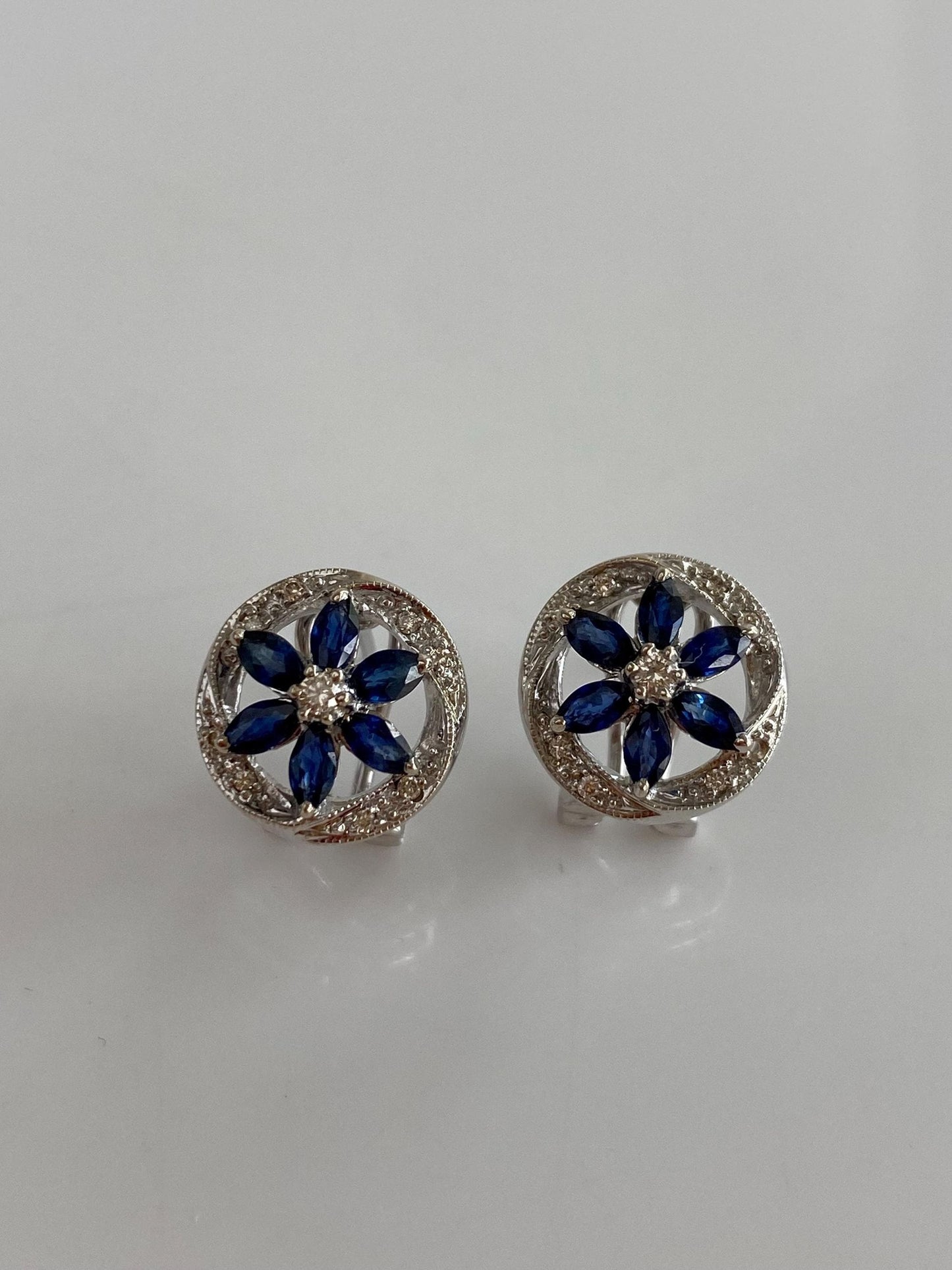Vintage Solid 14k White Gold Diamond Blue Sapphire Drop Earrings