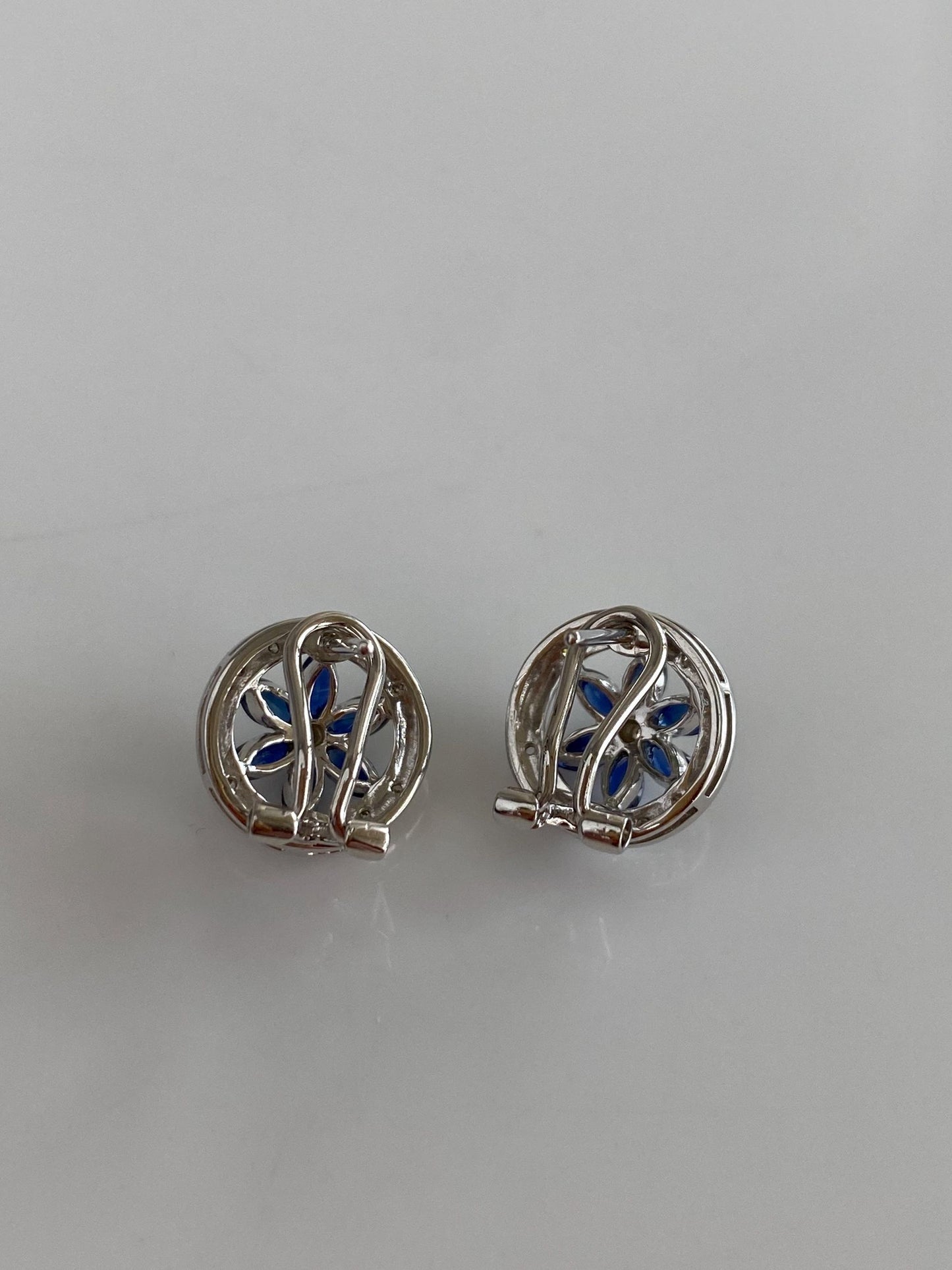 Vintage Solid 14k White Gold Diamond Blue Sapphire Drop Earrings