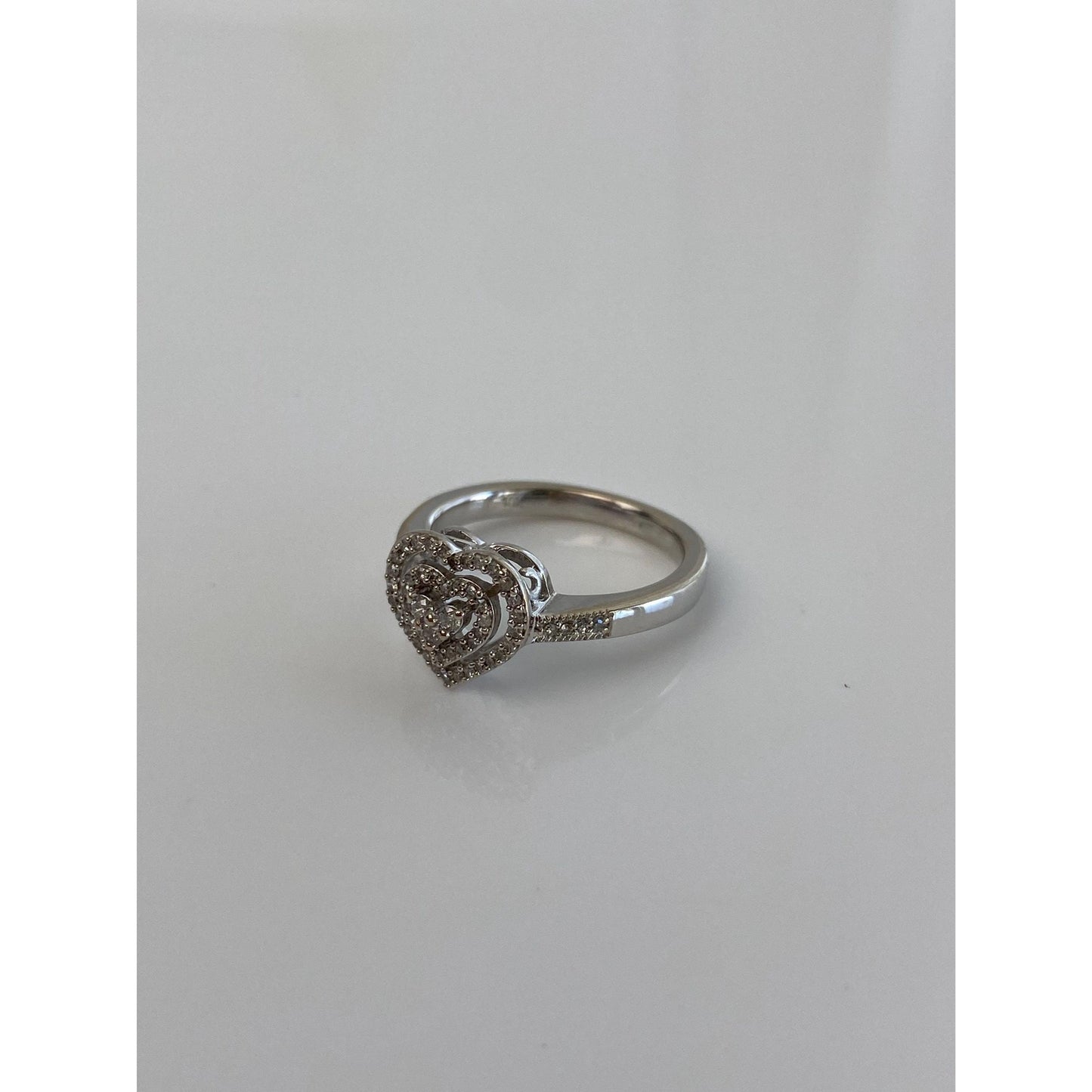 Vintage Solid 10k White Gold Diamond Heart Ring - Size 6.75