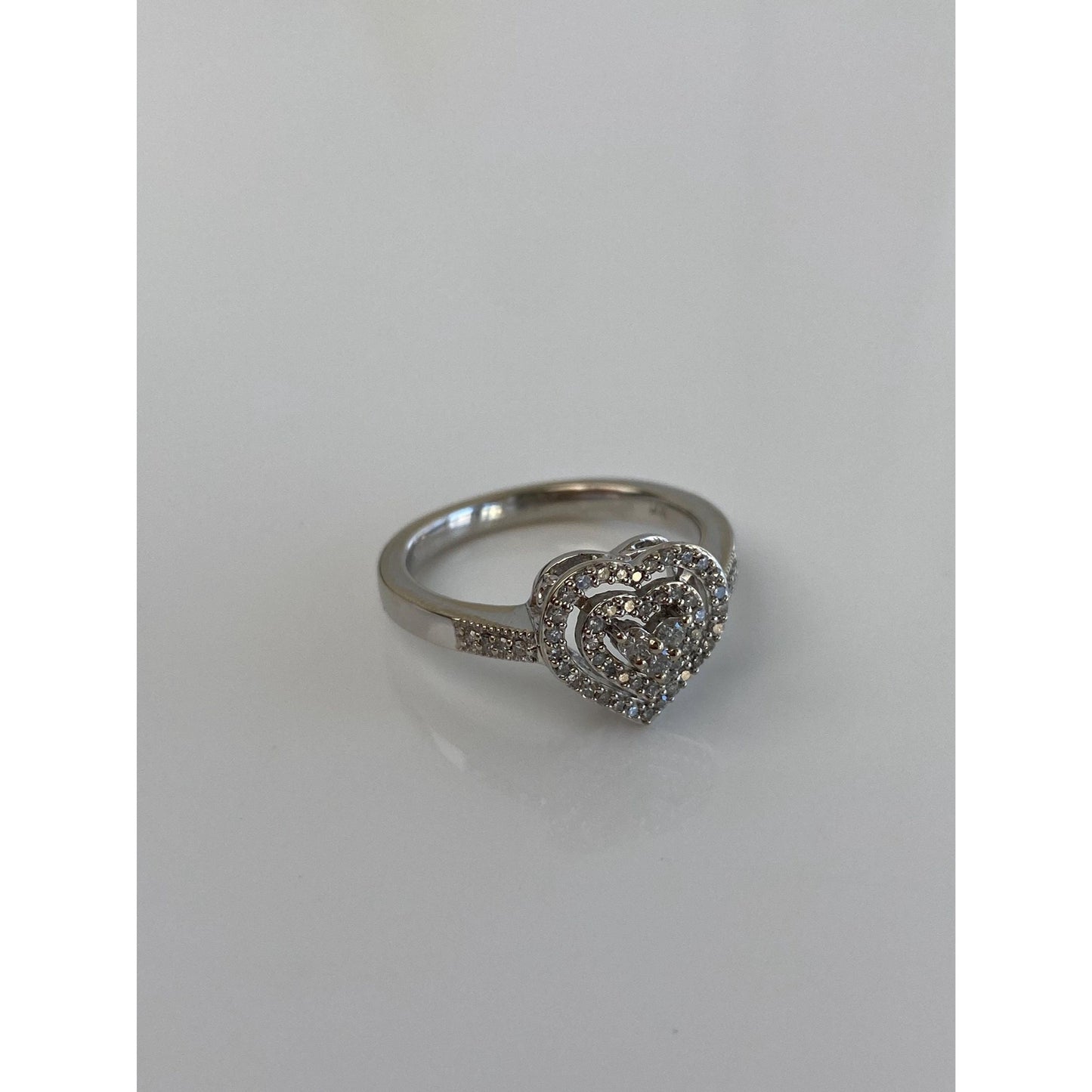 Vintage Solid 10k White Gold Diamond Heart Ring - Size 6.75