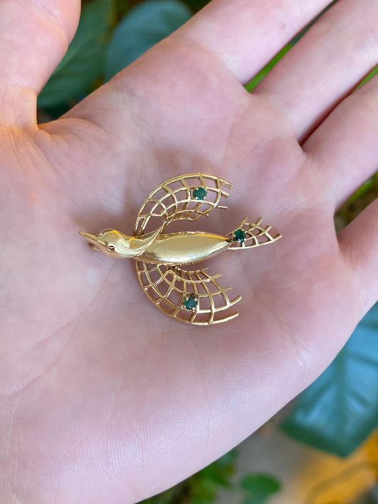 Vintage Solid 14k Yellow Gold Emerald Open Work Bird Brooch Pin