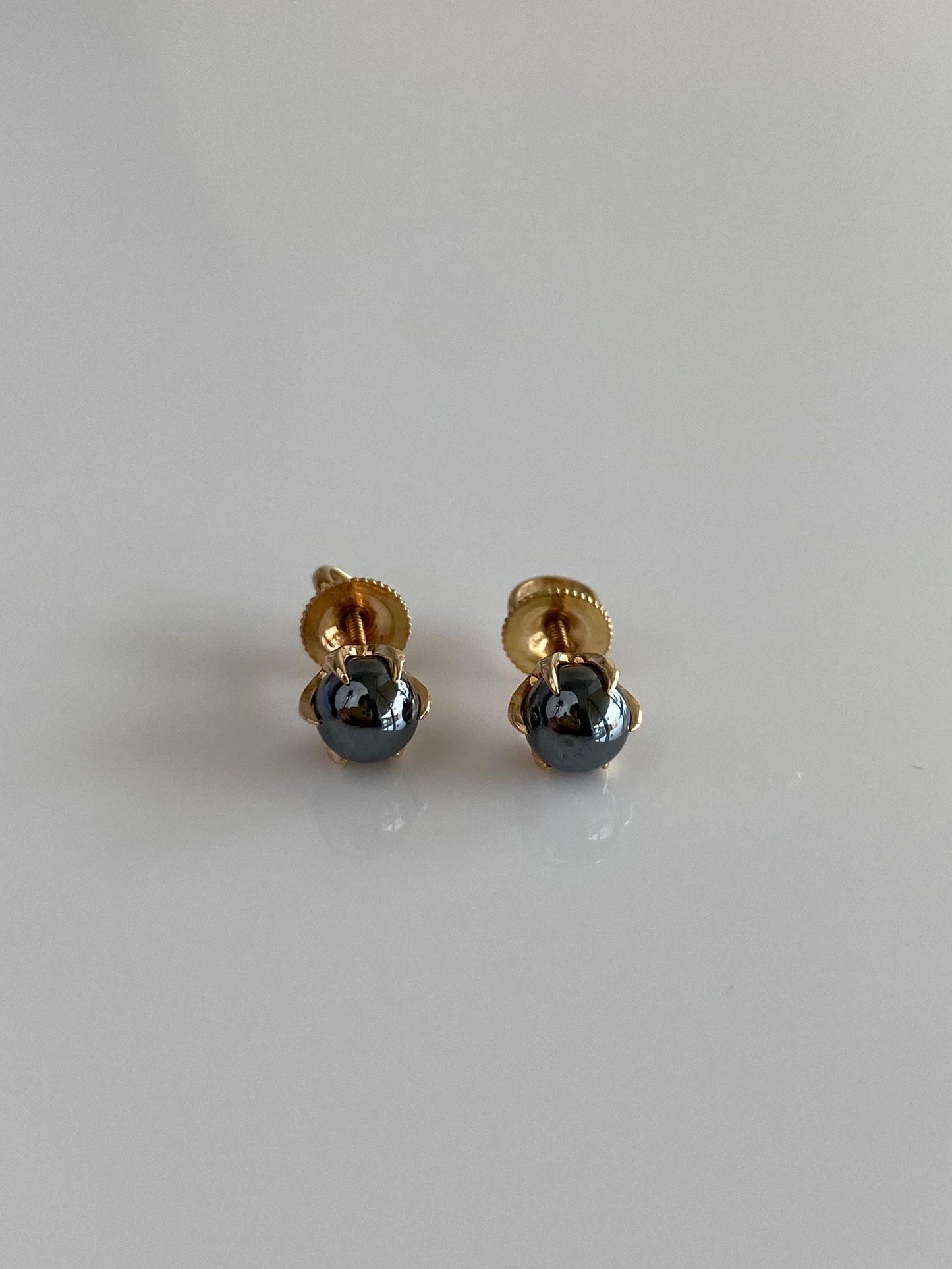 Vintage 14k Yellow Gold Hematite Sphere Stud Earrings