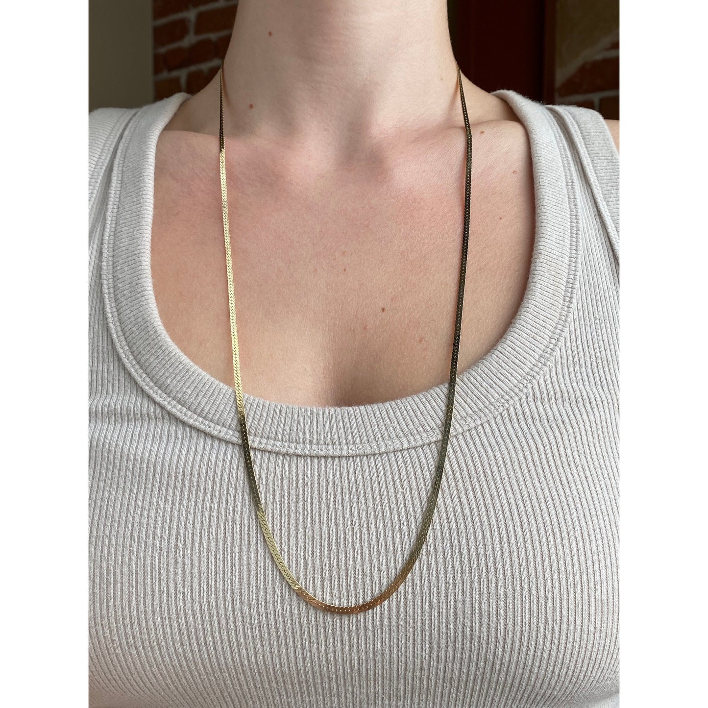 Vintage Solid 14k Yellow Gold Long Herringbone Chain Necklace - 28.5 inches