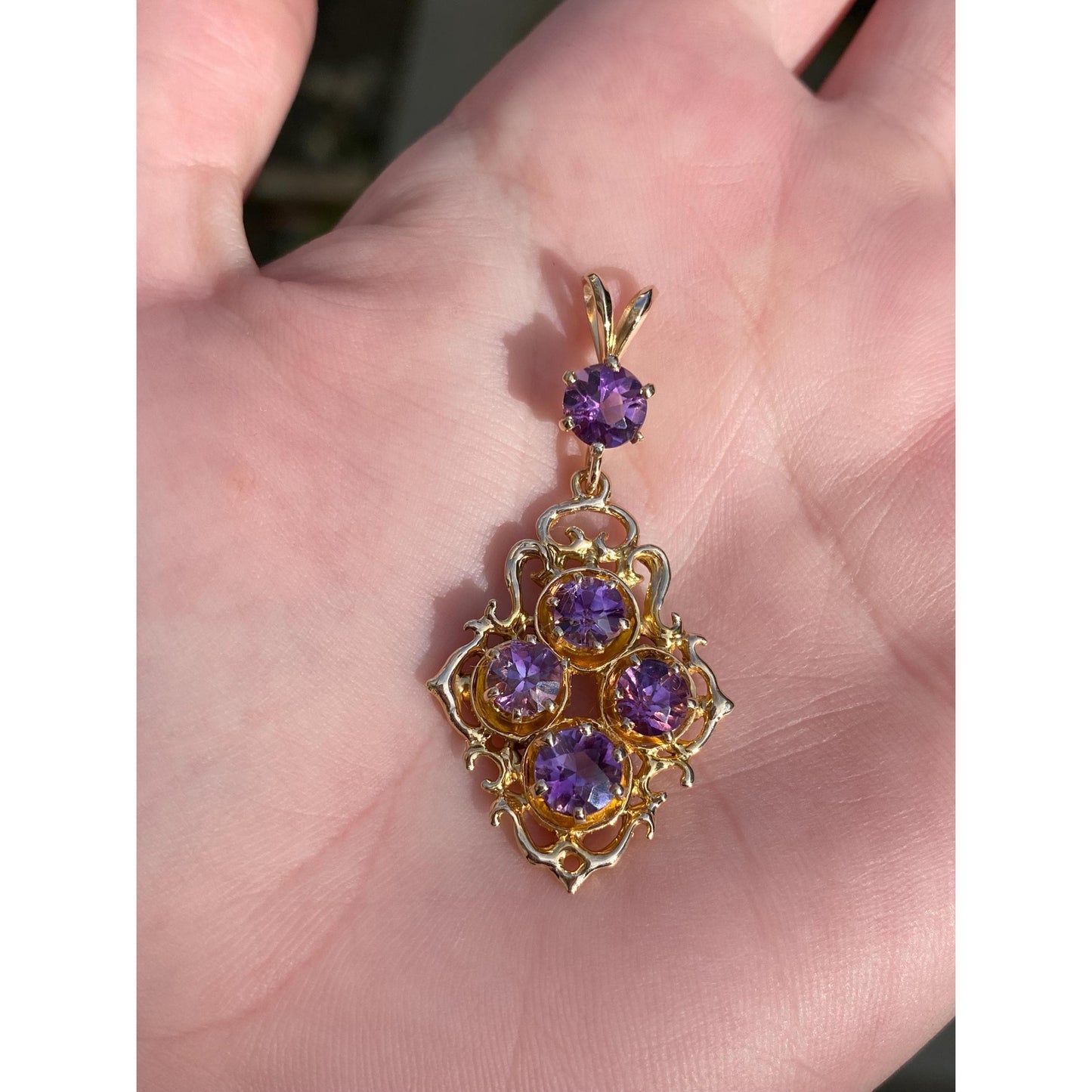 Vintage Solid 14k Yellow Gold Amethyst Ornate Dangle Charm