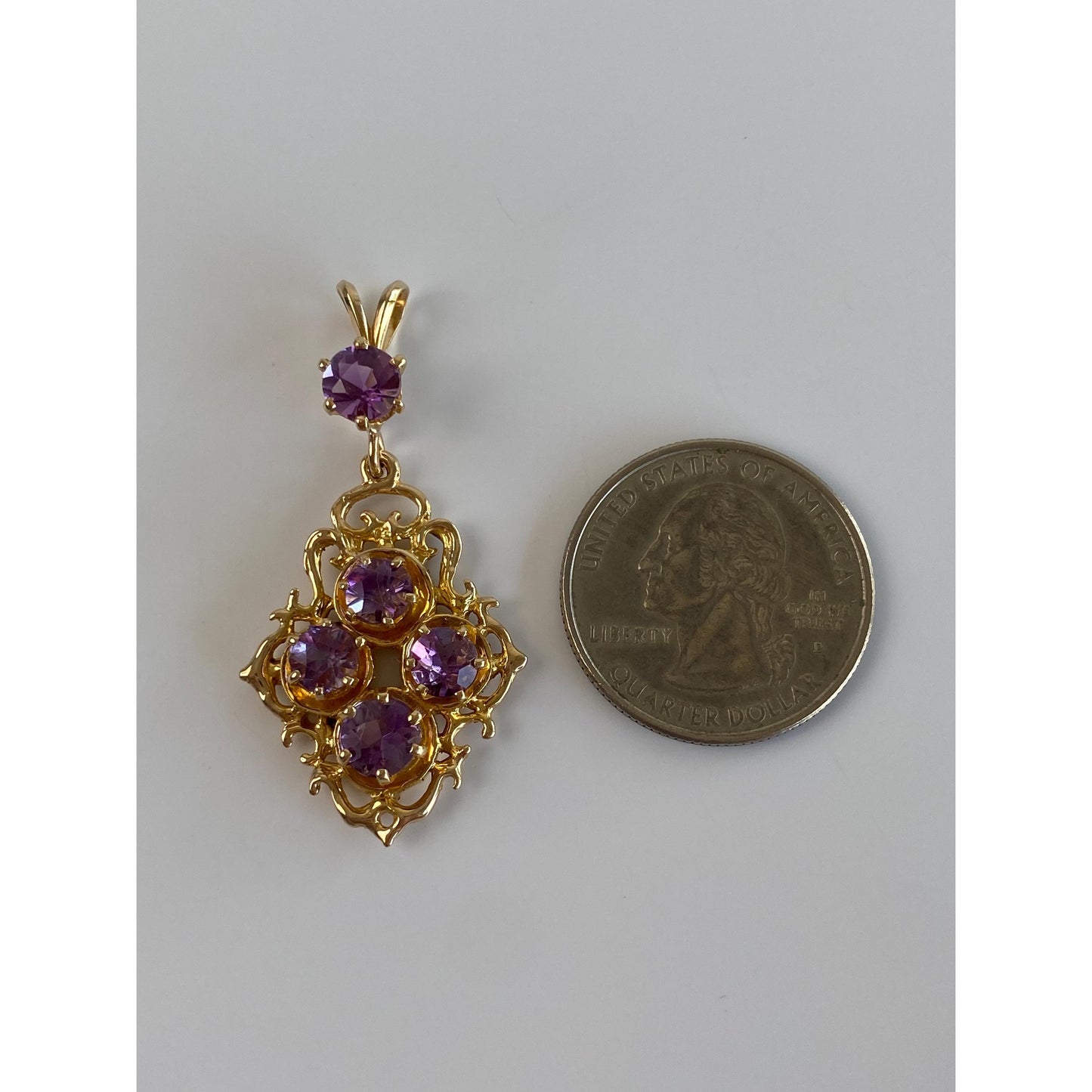 Vintage Solid 14k Yellow Gold Amethyst Ornate Dangle Charm