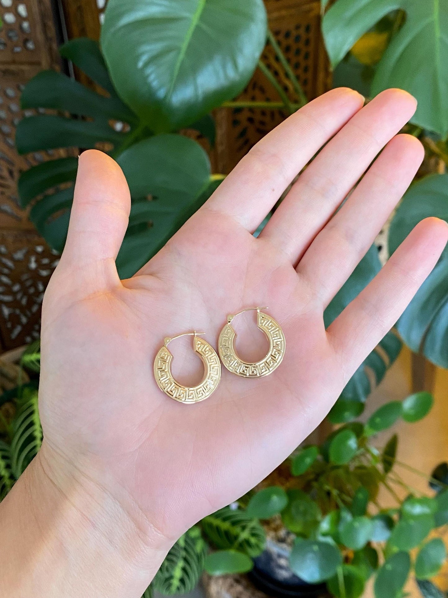 Vintage 14k Yellow Gold Greek Key Hoop Earrings