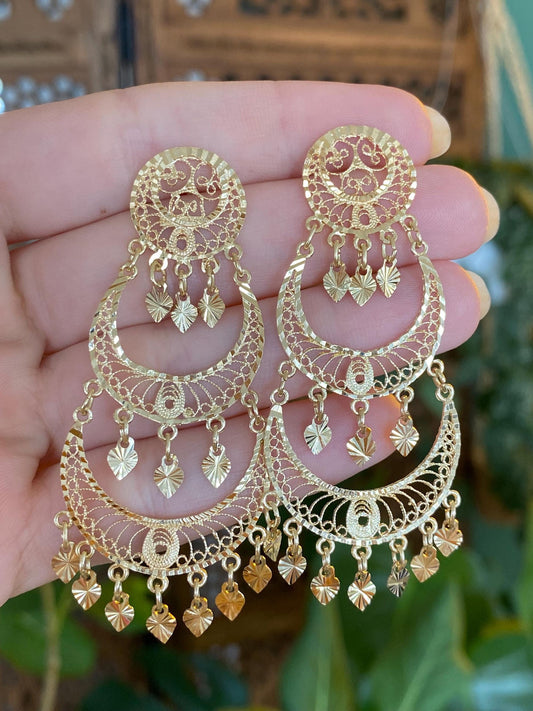 Vintage Solid 14k Yellow Gold Diamond Cut Filigree Chandelier Dangle Stud Earrings