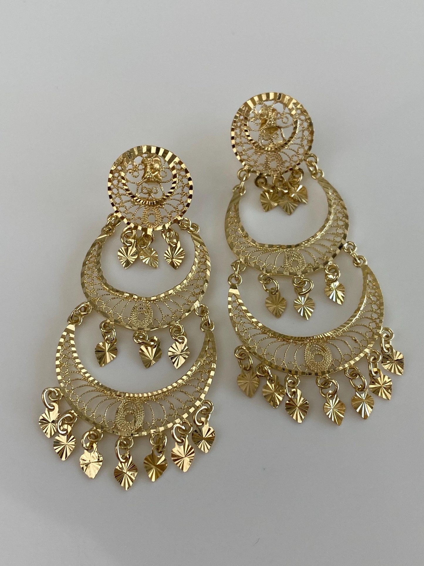 Vintage Solid 14k Yellow Gold Diamond Cut Filigree Chandelier Dangle Stud Earrings