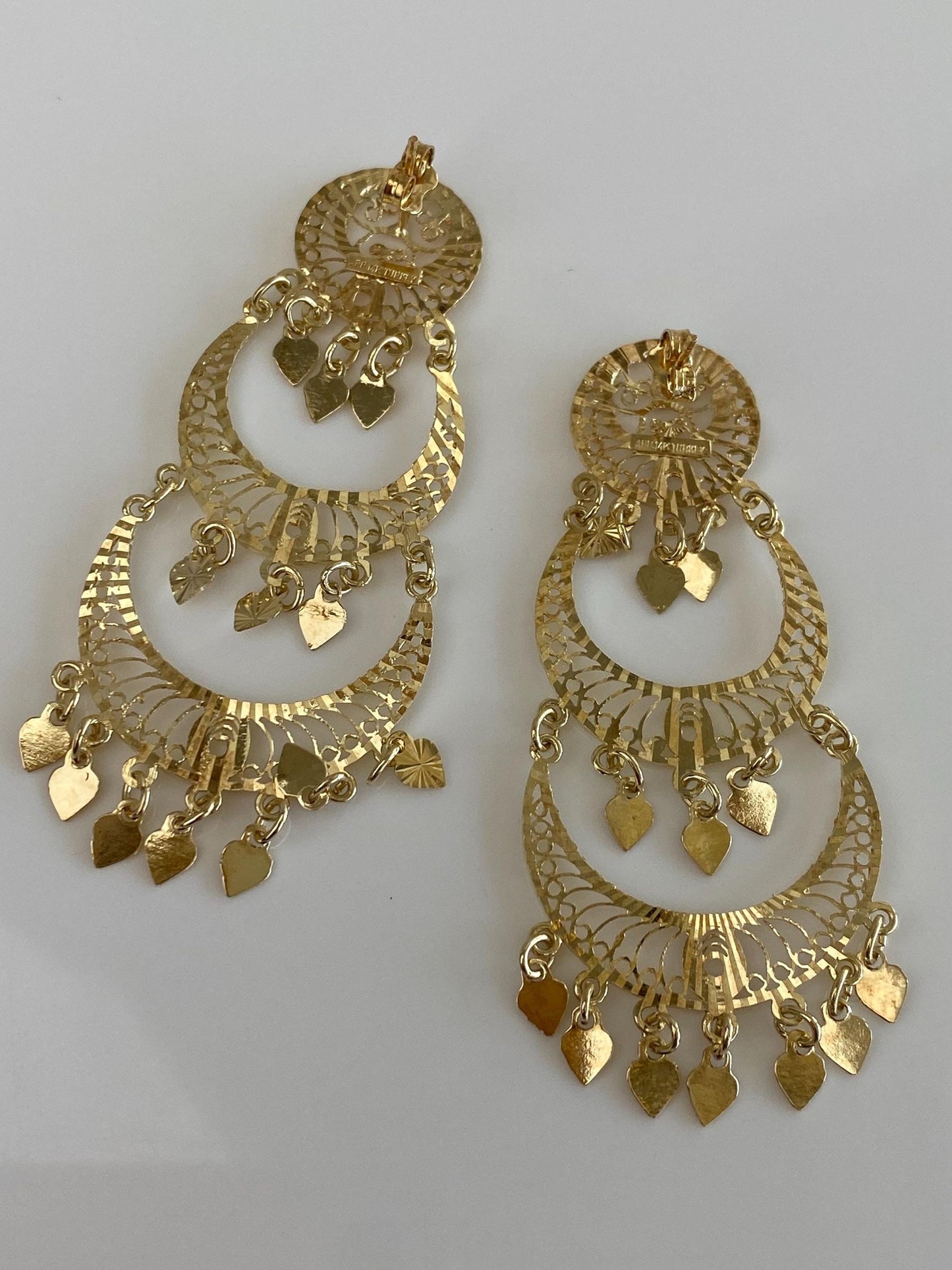 Vintage Solid 14k Yellow Gold Diamond Cut Filigree Chandelier Dangle Stud Earrings