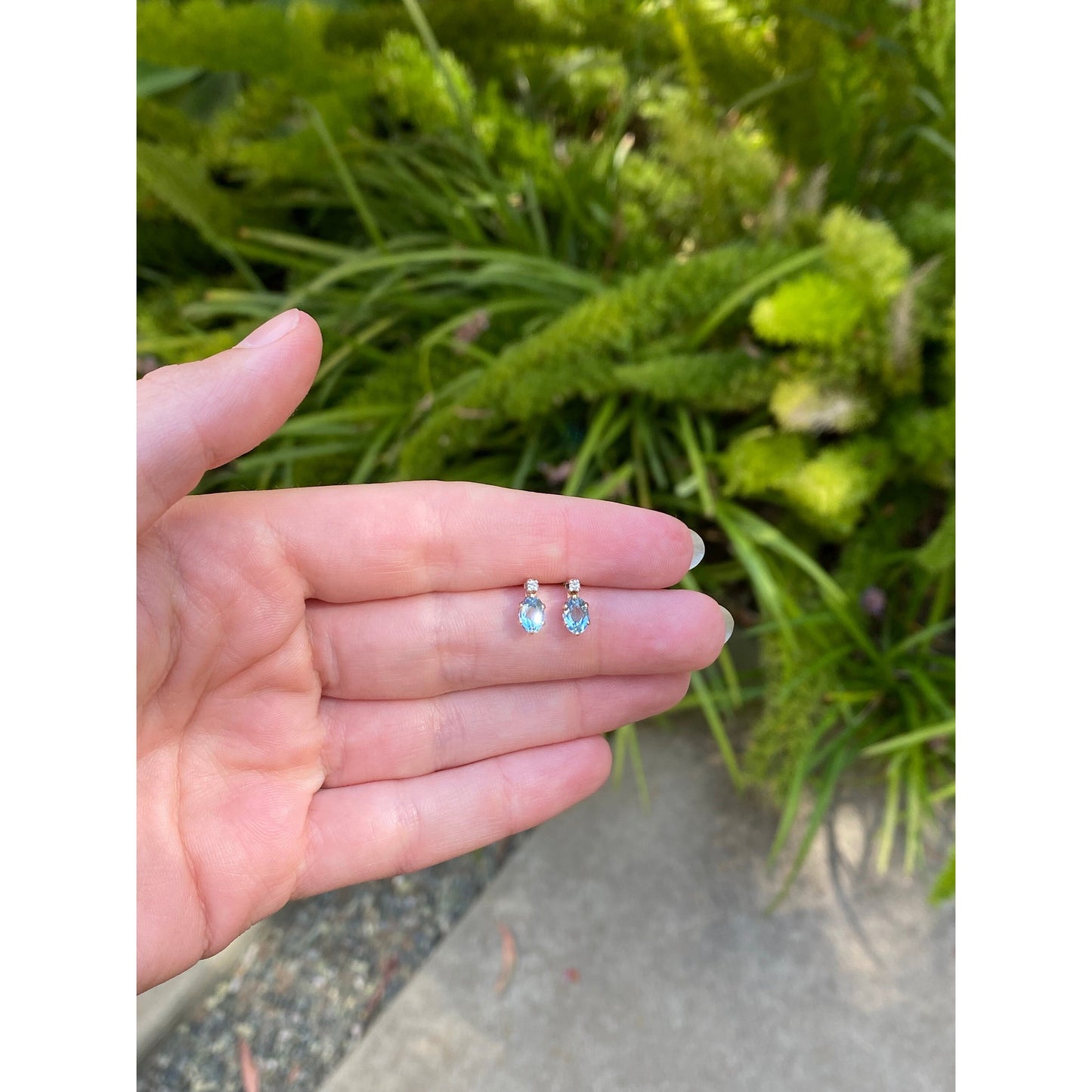 Vintage Solid 14k Yellow Gold Light Blue Quartz & Clear Sapphire Stud Earrings