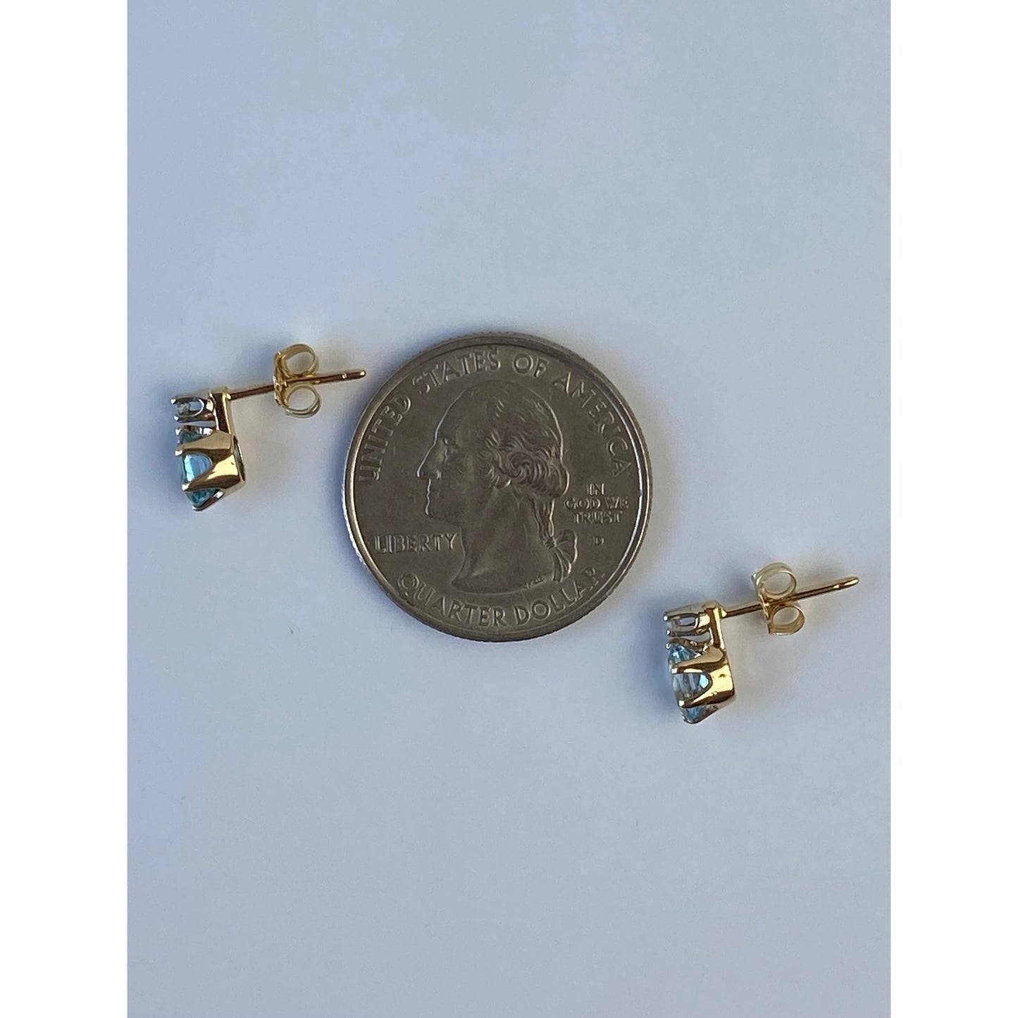 Vintage Solid 14k Yellow Gold Light Blue Quartz & Clear Sapphire Stud Earrings