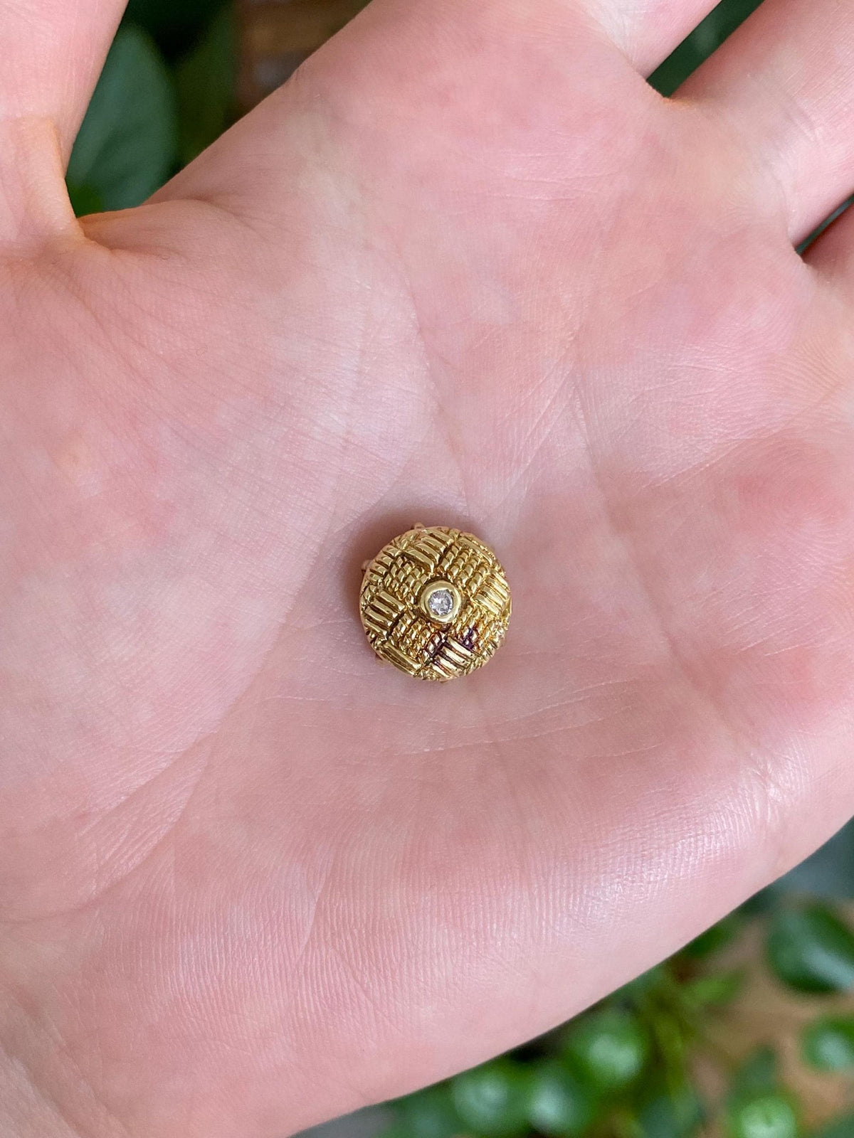 Vintage Solid 18k Yellow Gold Diamond Basketweave Slide Charm