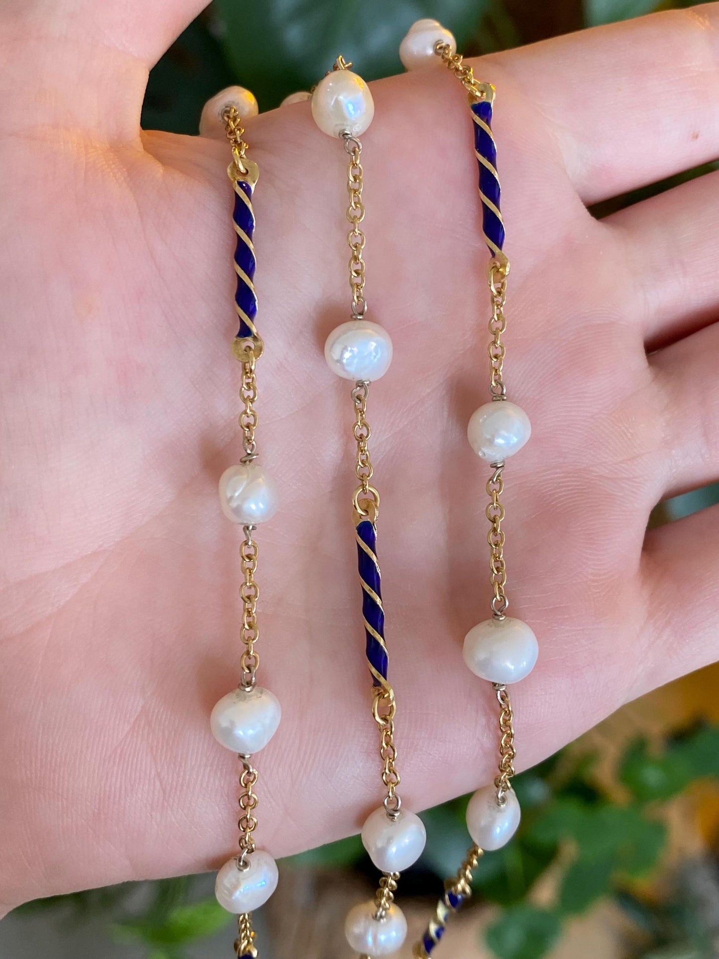 Vintage Solid 18k Yellow Gold Blue Enamel Twist Beads Baroque Pearls Cable Chain Necklace - 23.5 inches