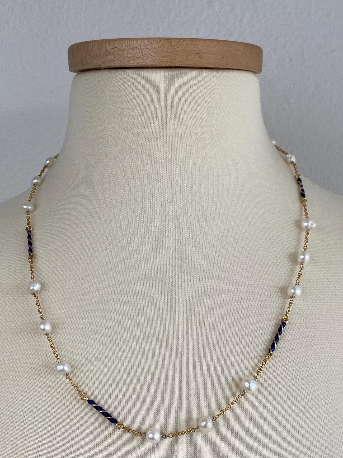 Vintage Solid 18k Yellow Gold Blue Enamel Twist Beads Baroque Pearls Cable Chain Necklace - 23.5 inches