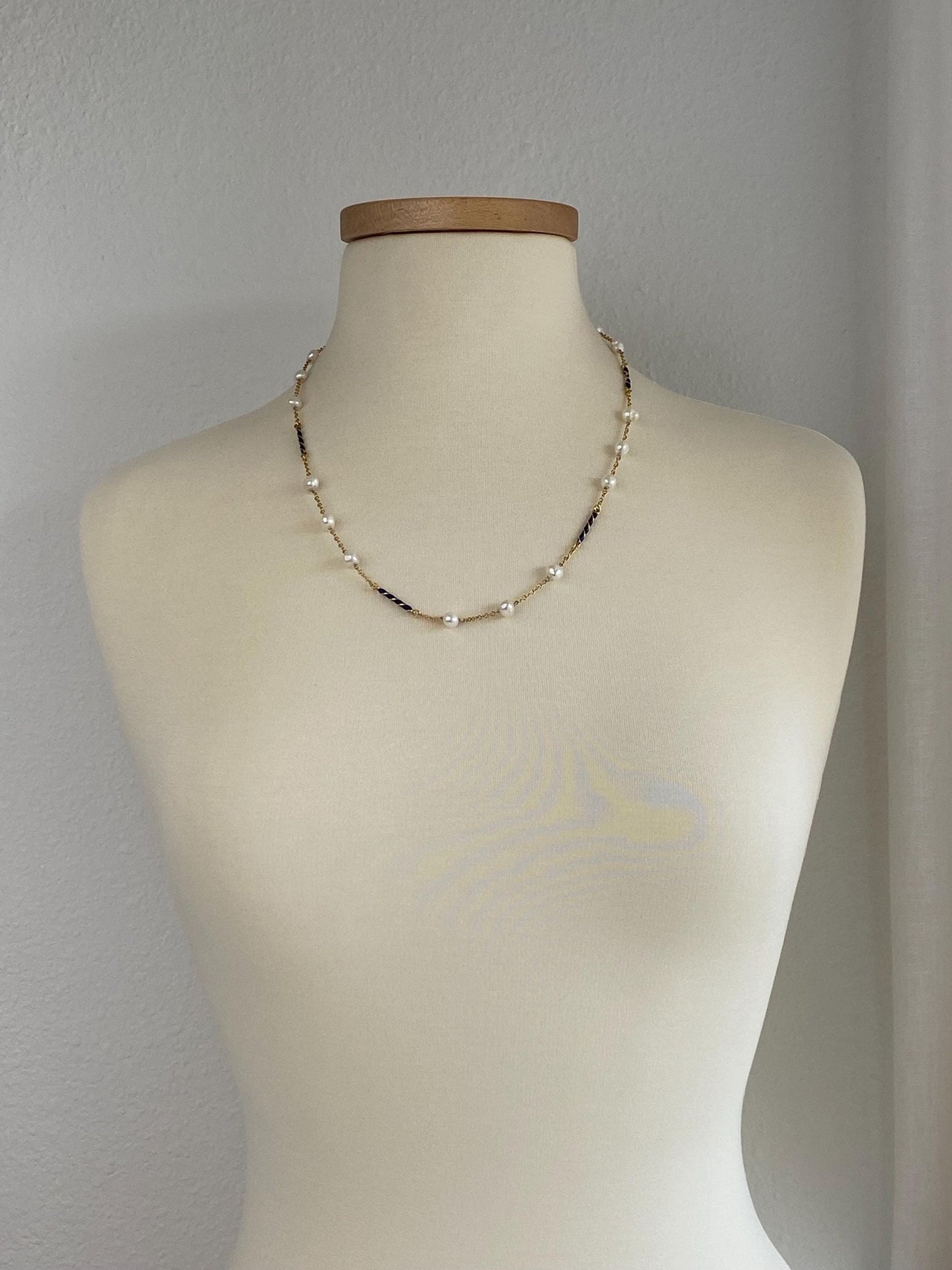 Vintage Solid 18k Yellow Gold Blue Enamel Twist Beads Baroque Pearls Cable Chain Necklace - 23.5 inches