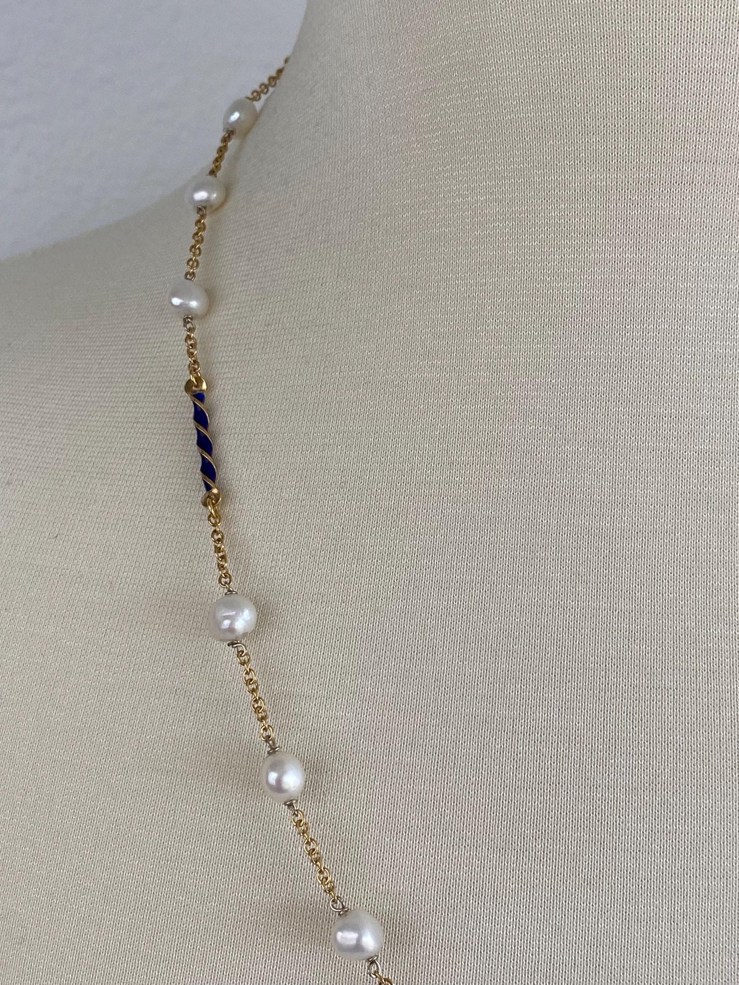 Vintage Solid 18k Yellow Gold Blue Enamel Twist Beads Baroque Pearls Cable Chain Necklace - 23.5 inches