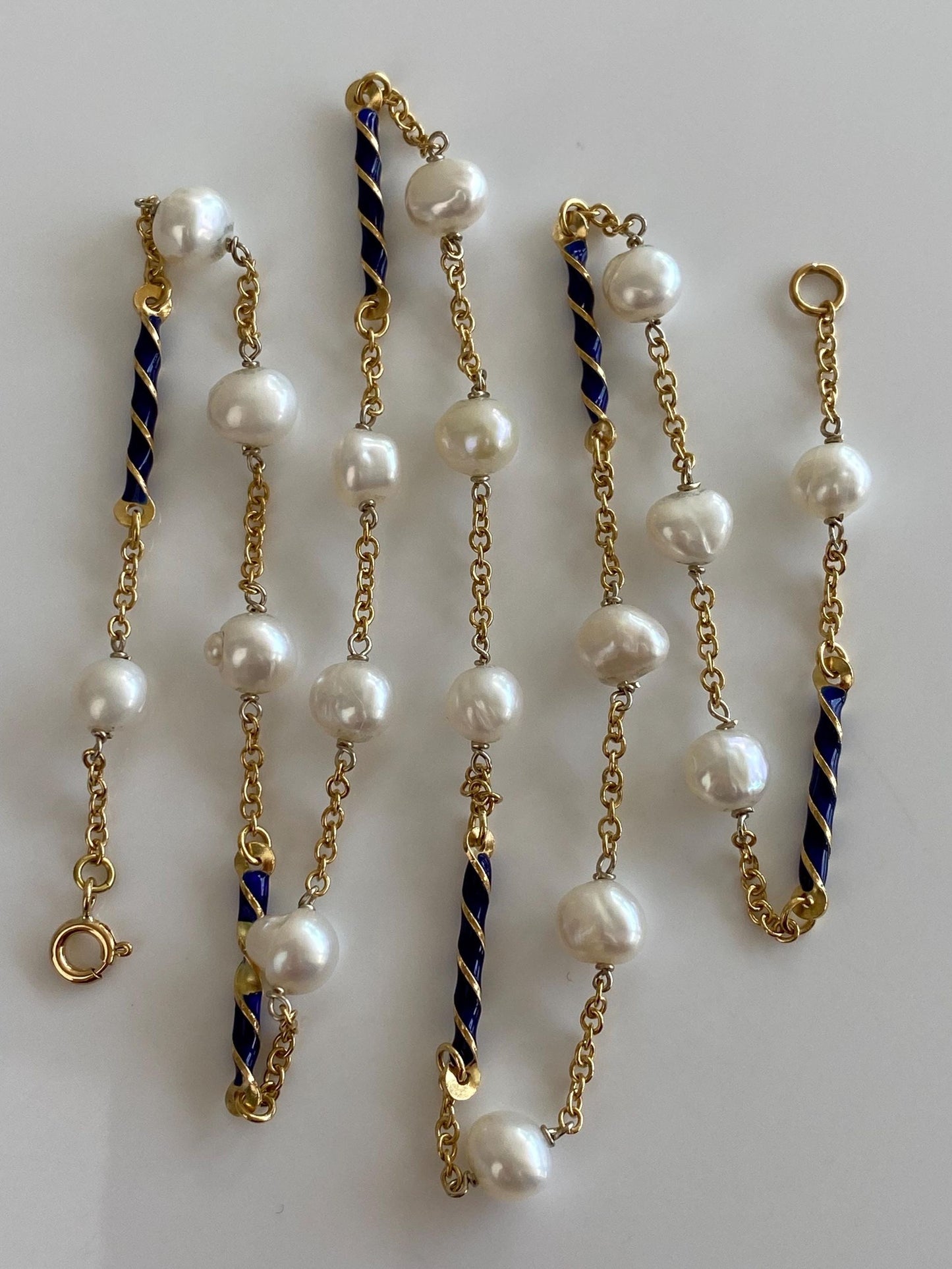 Vintage Solid 18k Yellow Gold Blue Enamel Twist Beads Baroque Pearls Cable Chain Necklace - 23.5 inches