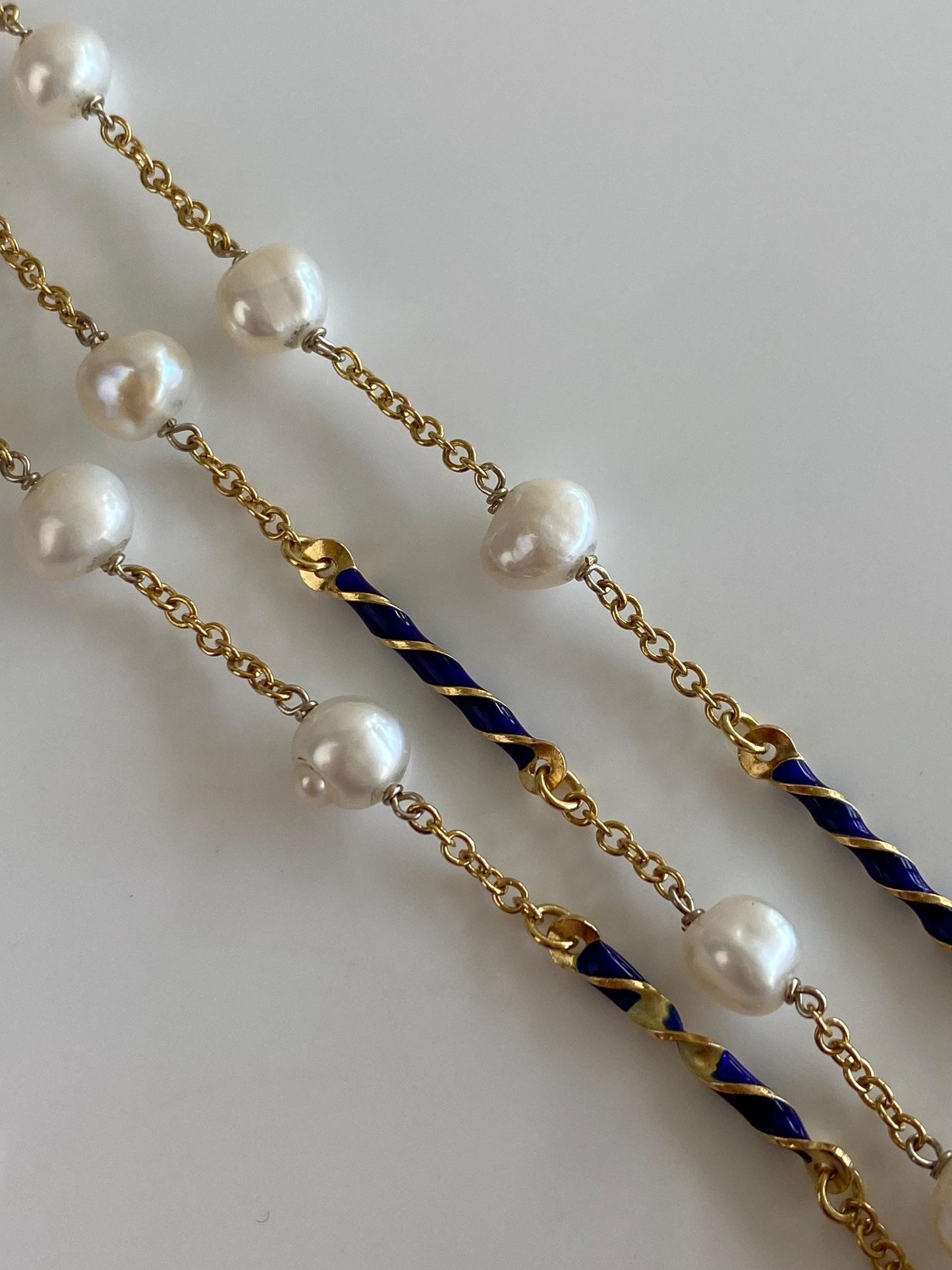 Vintage Solid 18k Yellow Gold Blue Enamel Twist Beads Baroque Pearls Cable Chain Necklace - 23.5 inches