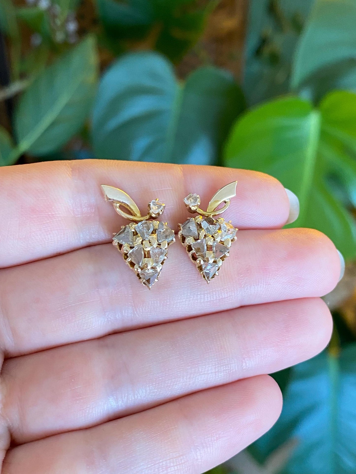Vintage Solid 9k Yellow Gold Raw Cut Diamond Grape Drop Earrings