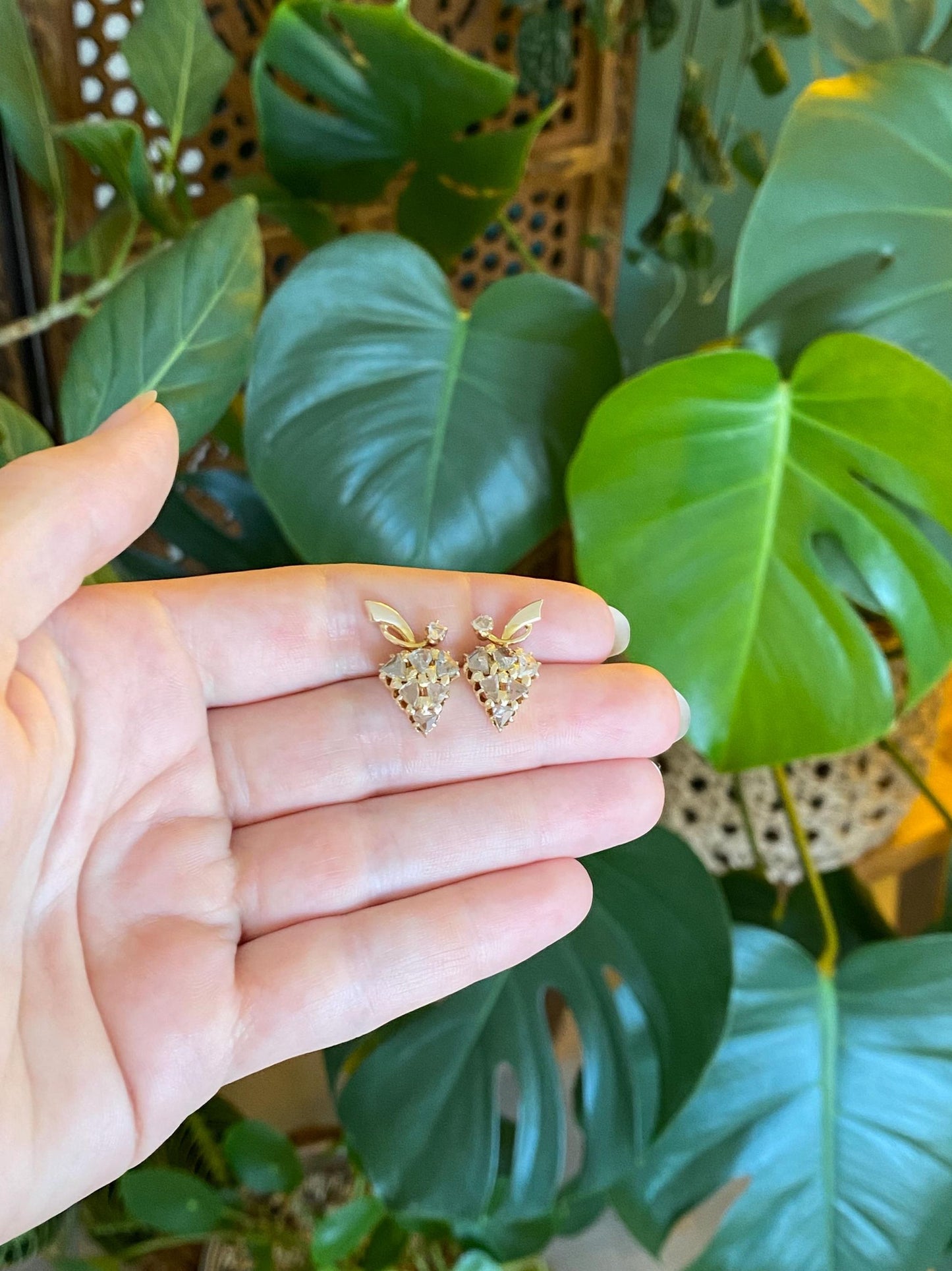 Vintage Solid 9k Yellow Gold Raw Cut Diamond Grape Drop Earrings