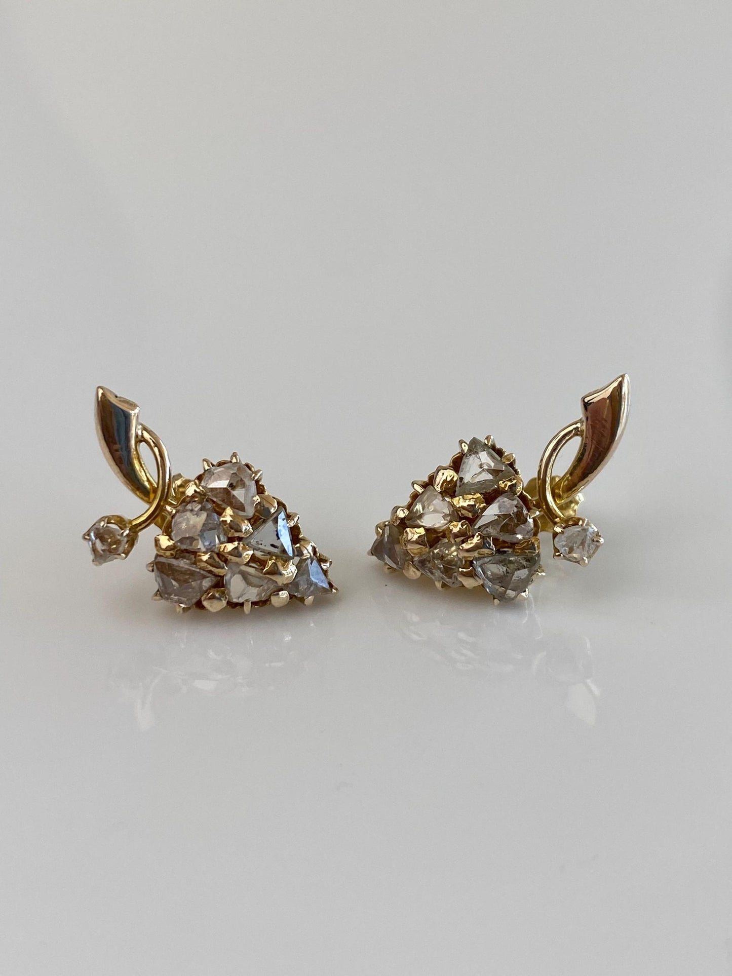 Vintage Solid 9k Yellow Gold Raw Cut Diamond Grape Drop Earrings