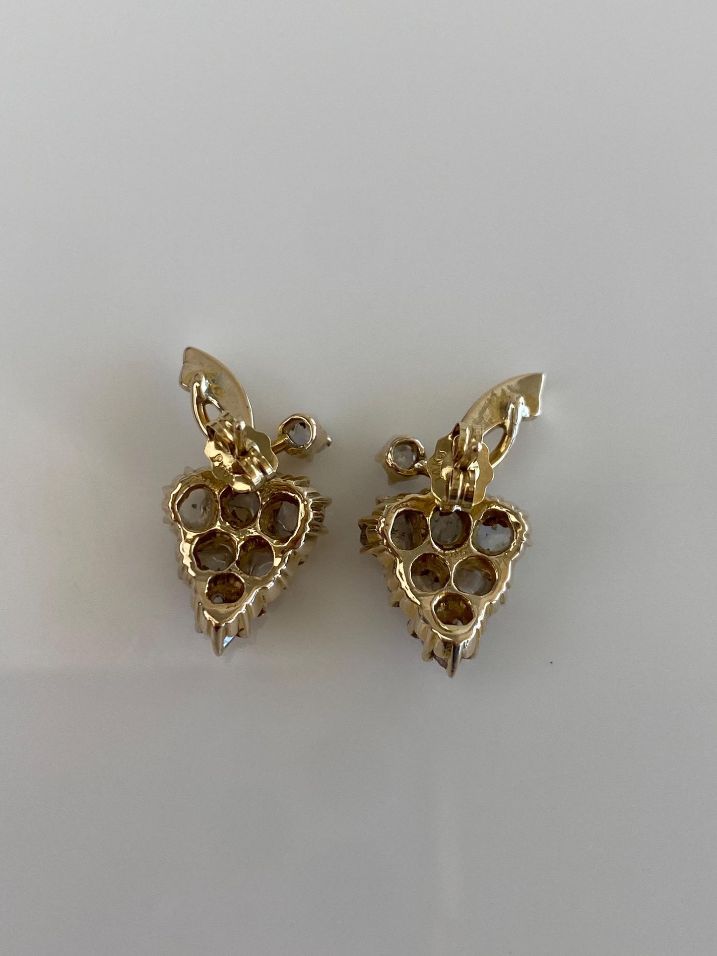 Vintage Solid 9k Yellow Gold Raw Cut Diamond Grape Drop Earrings