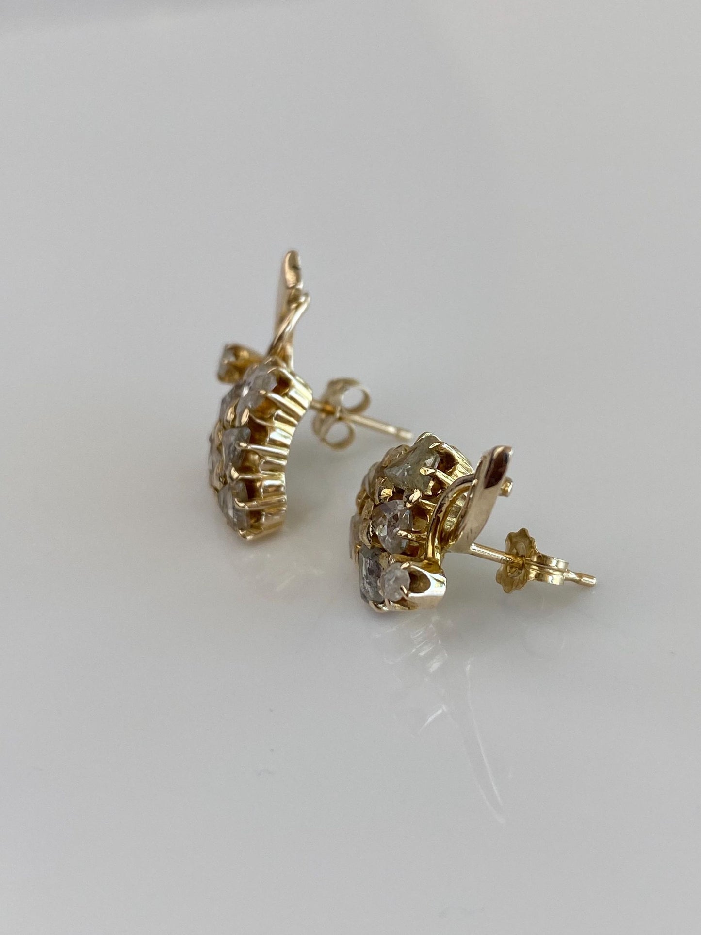 Vintage Solid 9k Yellow Gold Raw Cut Diamond Grape Drop Earrings