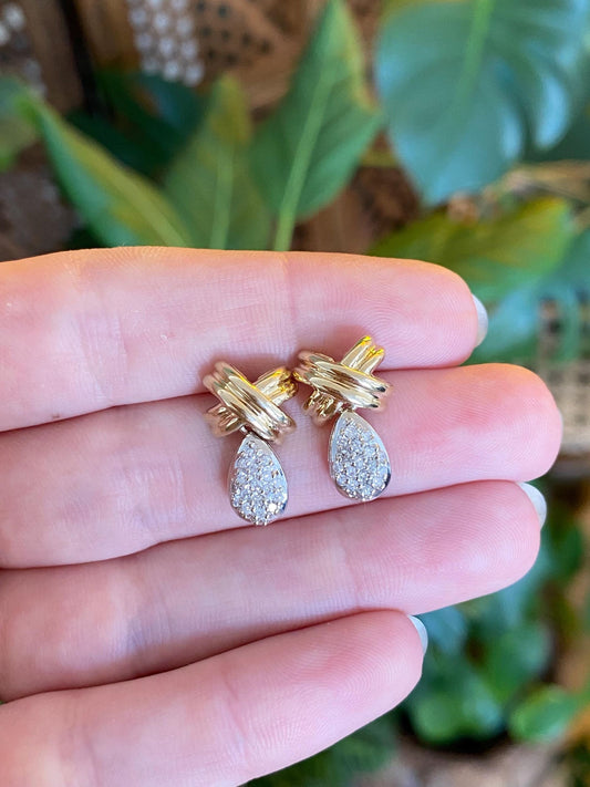 Vintage Solid 14k White & Yellow Gold Diamond X Stud Earrings