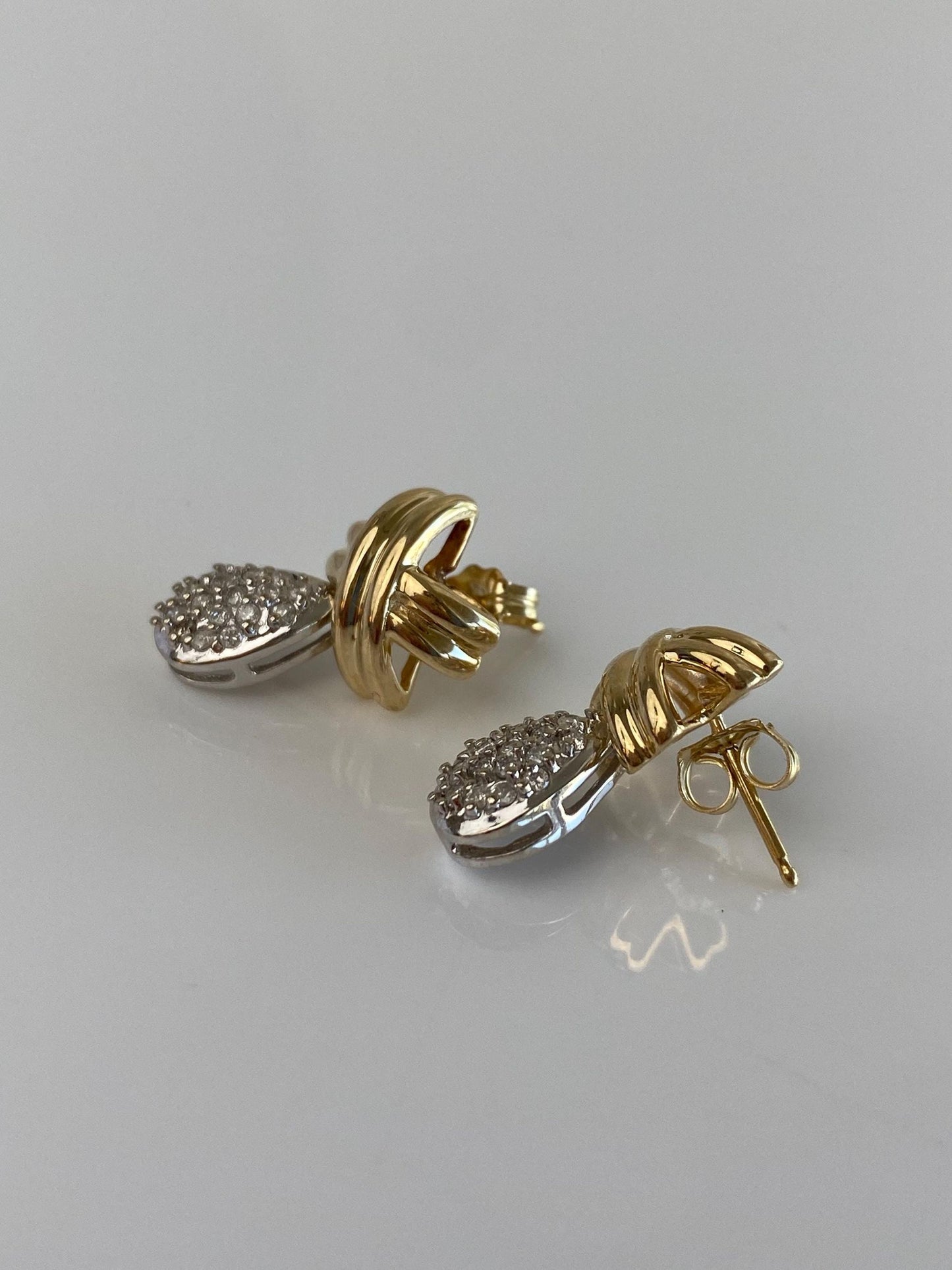 Vintage Solid 14k White & Yellow Gold Diamond X Stud Earrings