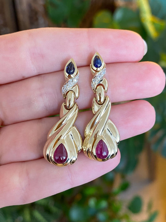 Solid 14k Yellow Gold Diamond Blue Sapphire Ruby Cabochon Drop Earrings