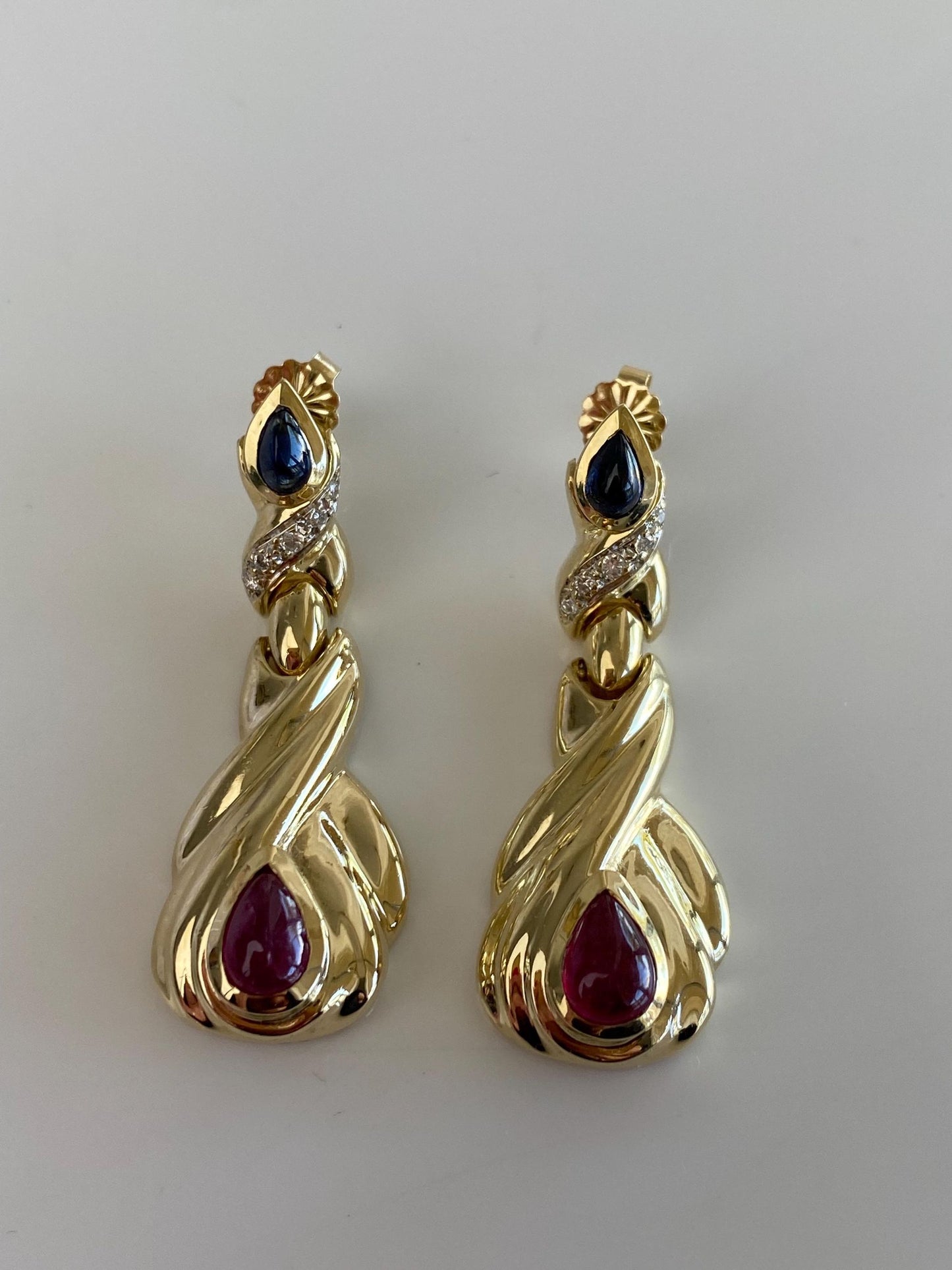 Solid 14k Yellow Gold Diamond Blue Sapphire Ruby Cabochon Drop Earrings