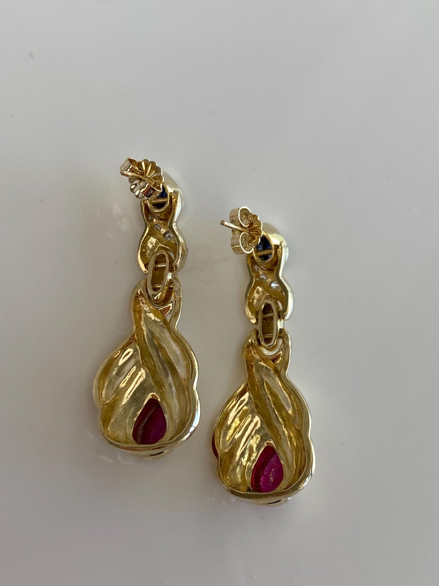 Solid 14k Yellow Gold Diamond Blue Sapphire Ruby Cabochon Drop Earrings