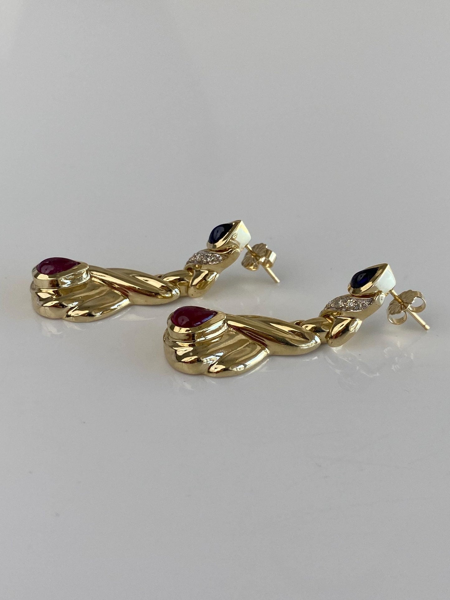 Solid 14k Yellow Gold Diamond Blue Sapphire Ruby Cabochon Drop Earrings