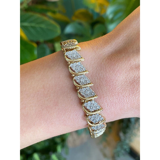 Vintage Solid 10k Yellow Gold Diamond Cluster Tennis Bracelet - 7.5 inches