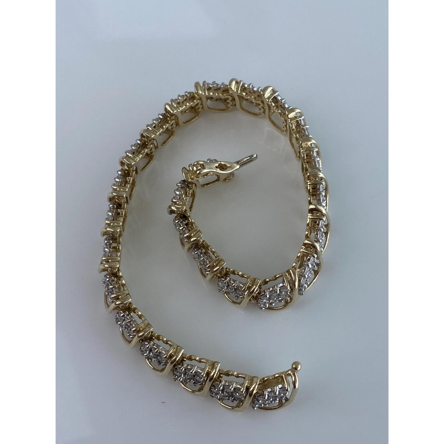 Vintage Solid 10k Yellow Gold Diamond Cluster Tennis Bracelet - 7.5 inches
