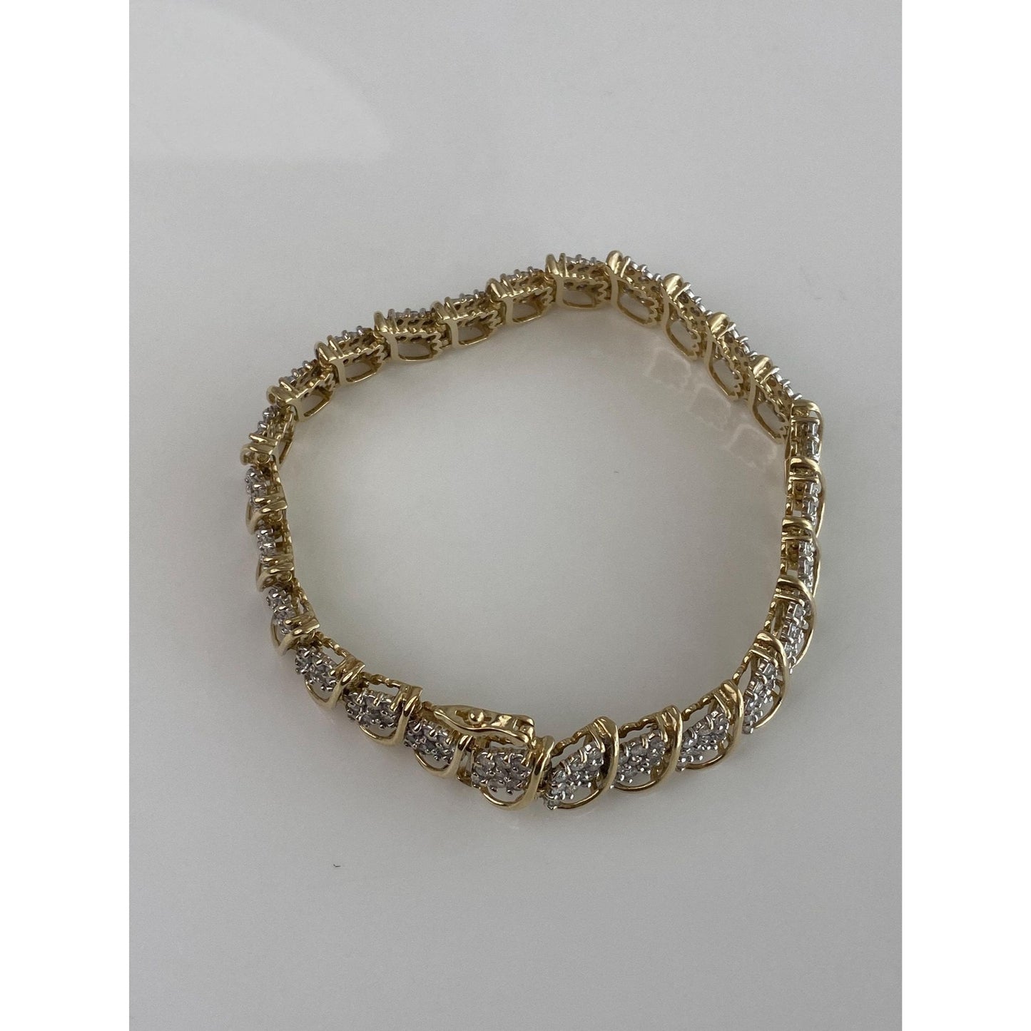 Vintage Solid 10k Yellow Gold Diamond Cluster Tennis Bracelet - 7.5 inches