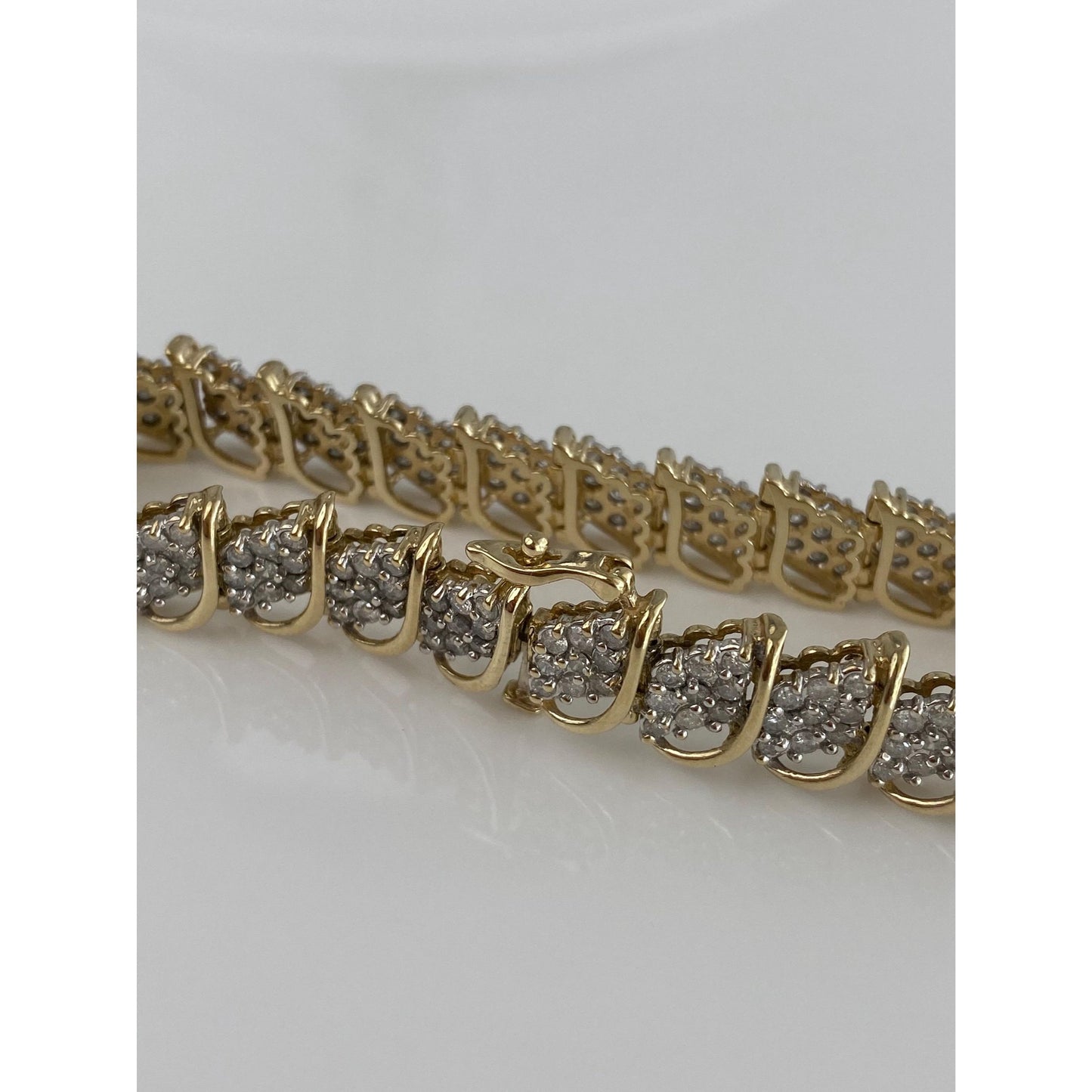 Vintage Solid 10k Yellow Gold Diamond Cluster Tennis Bracelet - 7.5 inches
