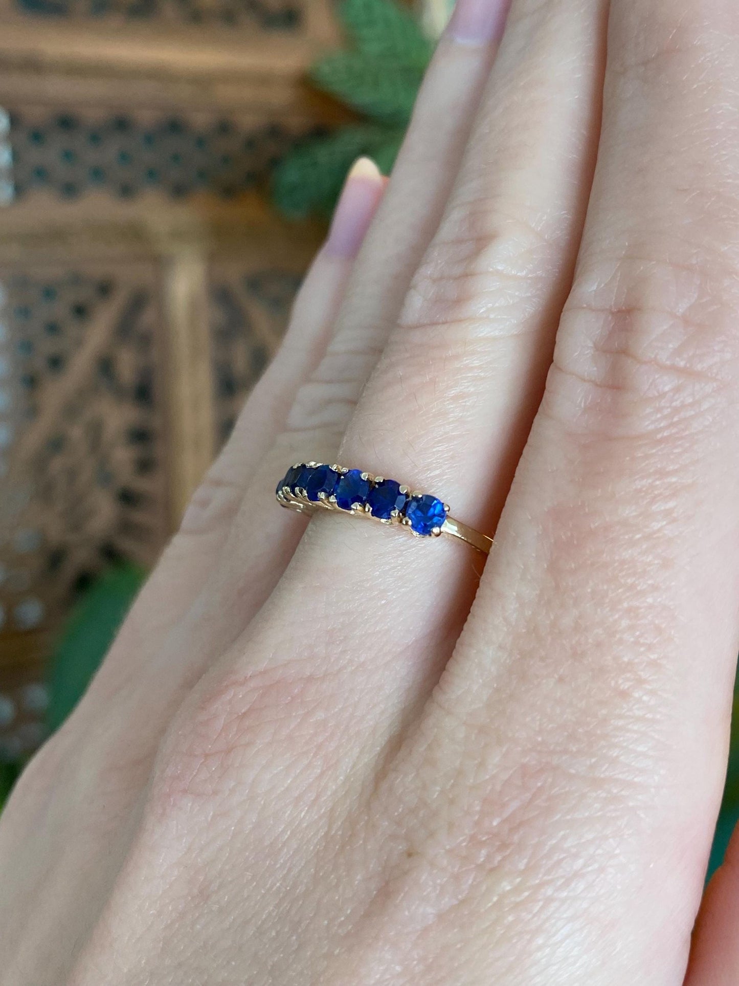 Vintage Solid 14k Yellow Gold Blue Sapphire Ring Band - Size 7.75