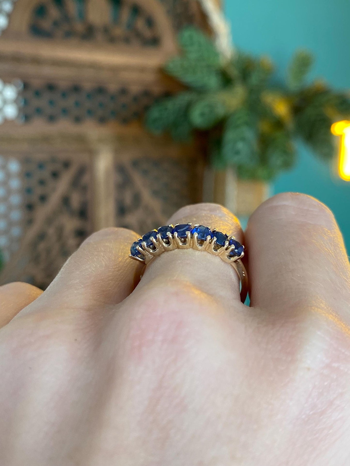 Vintage Solid 14k Yellow Gold Blue Sapphire Ring Band - Size 7.75