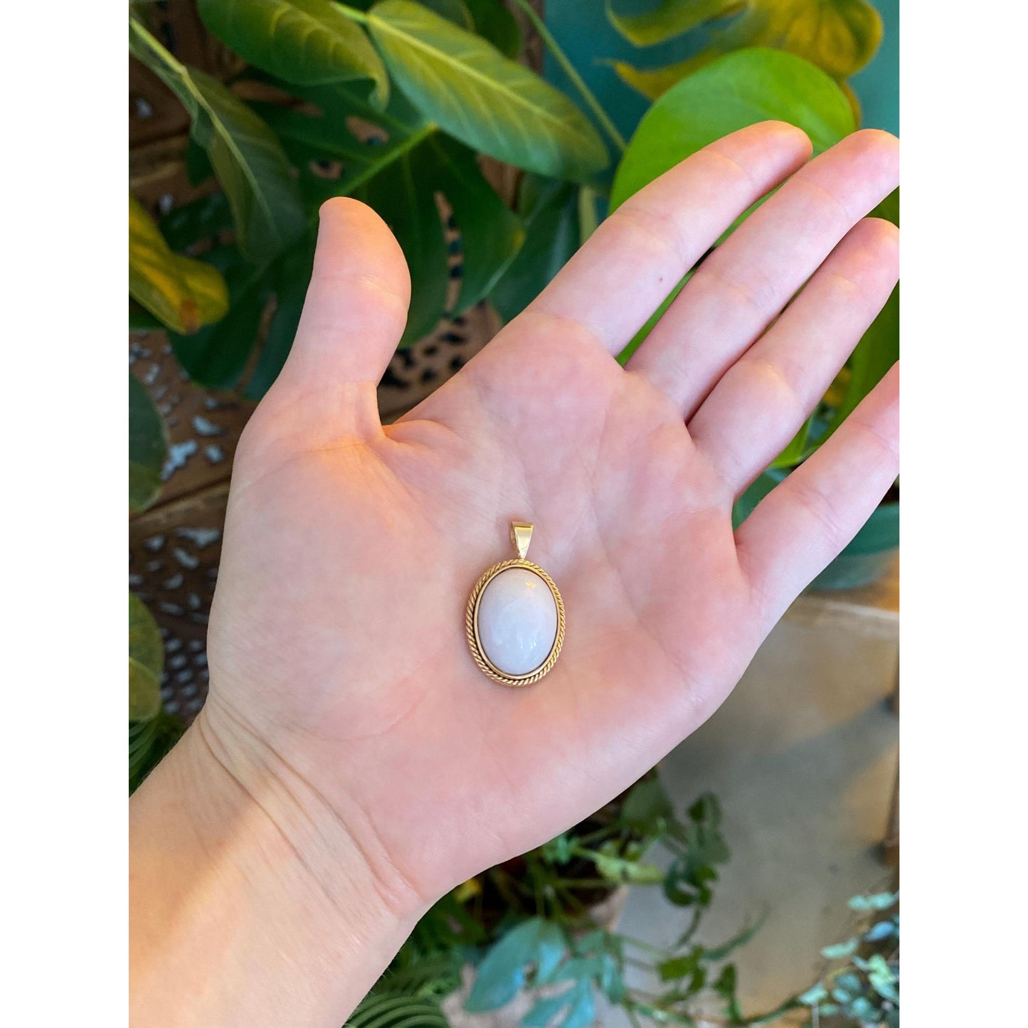 Vintage Solid 14k Yellow Gold White Jade Cabochon Charm