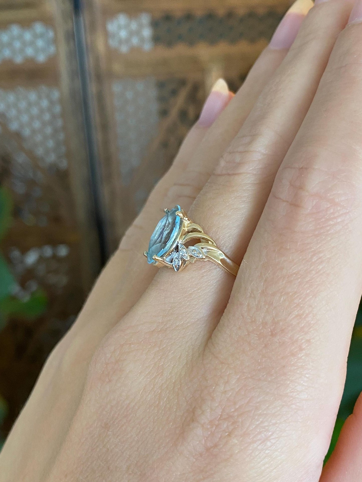Vintage Solid 14k Yellow Gold Marquis Topaz Diamonds Ring - Size 7.5