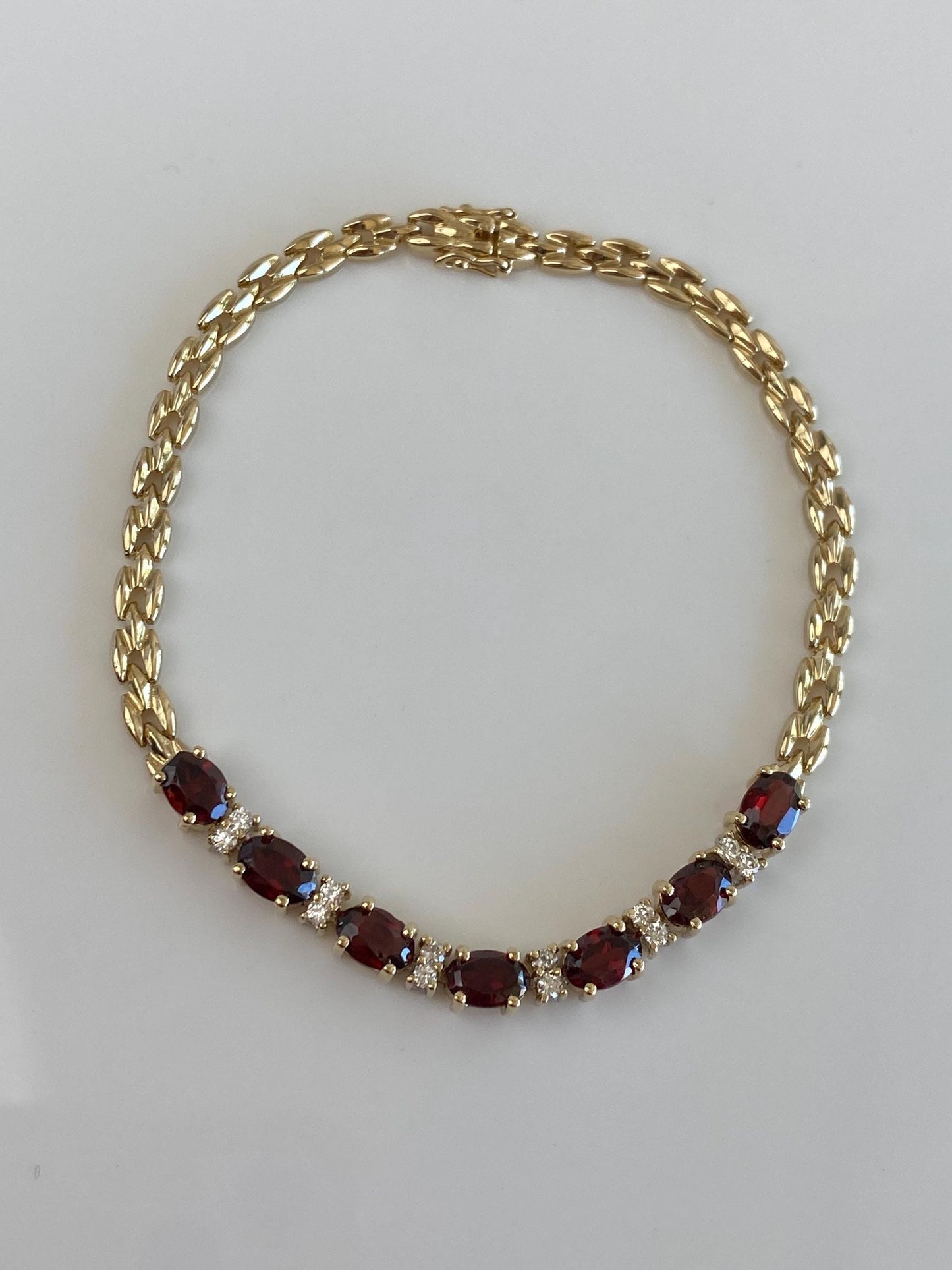 Vintage Solid 14k Yellow Gold Garnet Clear Quartz Flat Link Bracelet - 7.25 inches