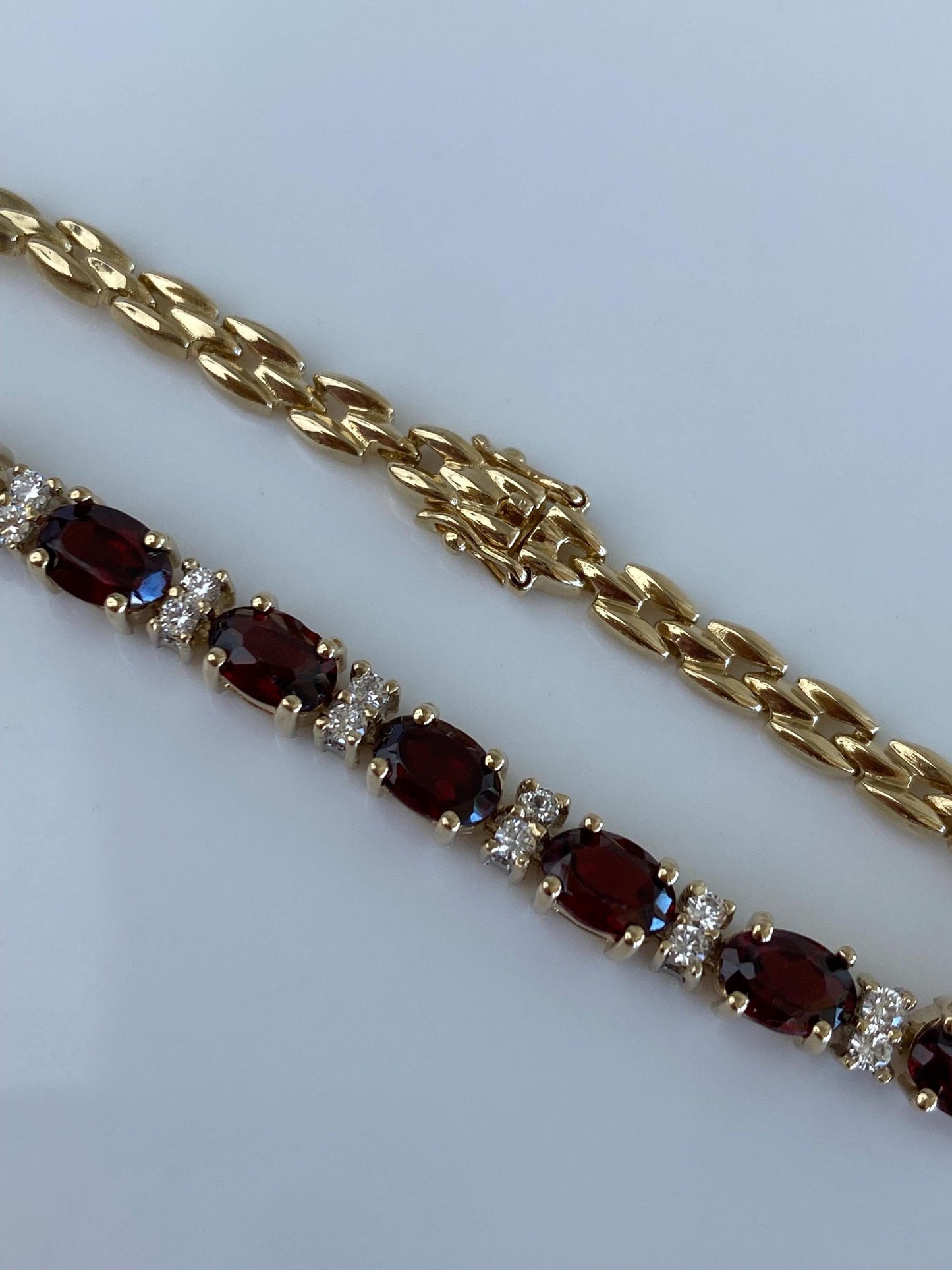 Vintage Solid 14k Yellow Gold Garnet Clear Quartz Flat Link Bracelet - 7.25 inches