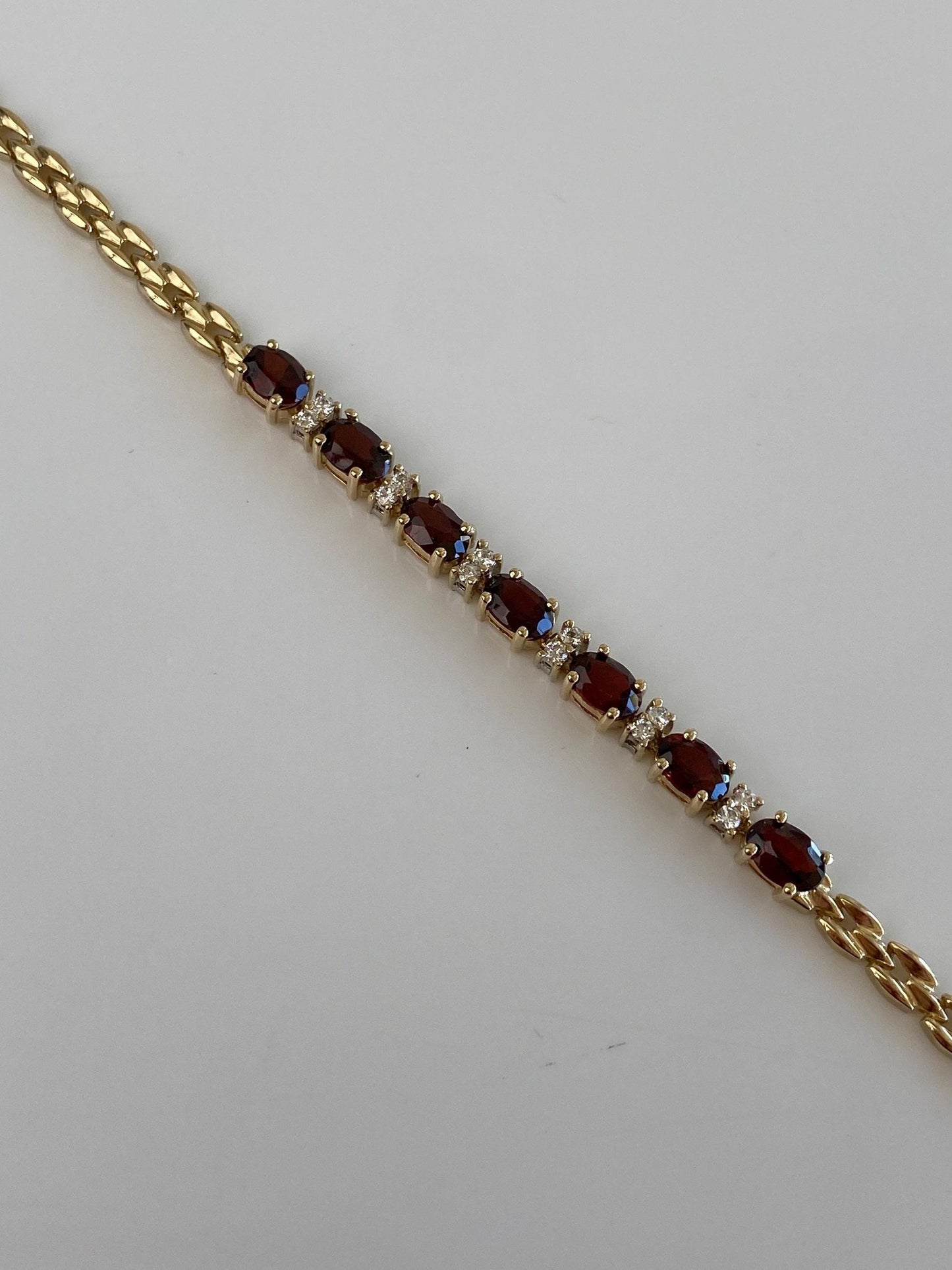 Vintage Solid 14k Yellow Gold Garnet Clear Quartz Flat Link Bracelet - 7.25 inches