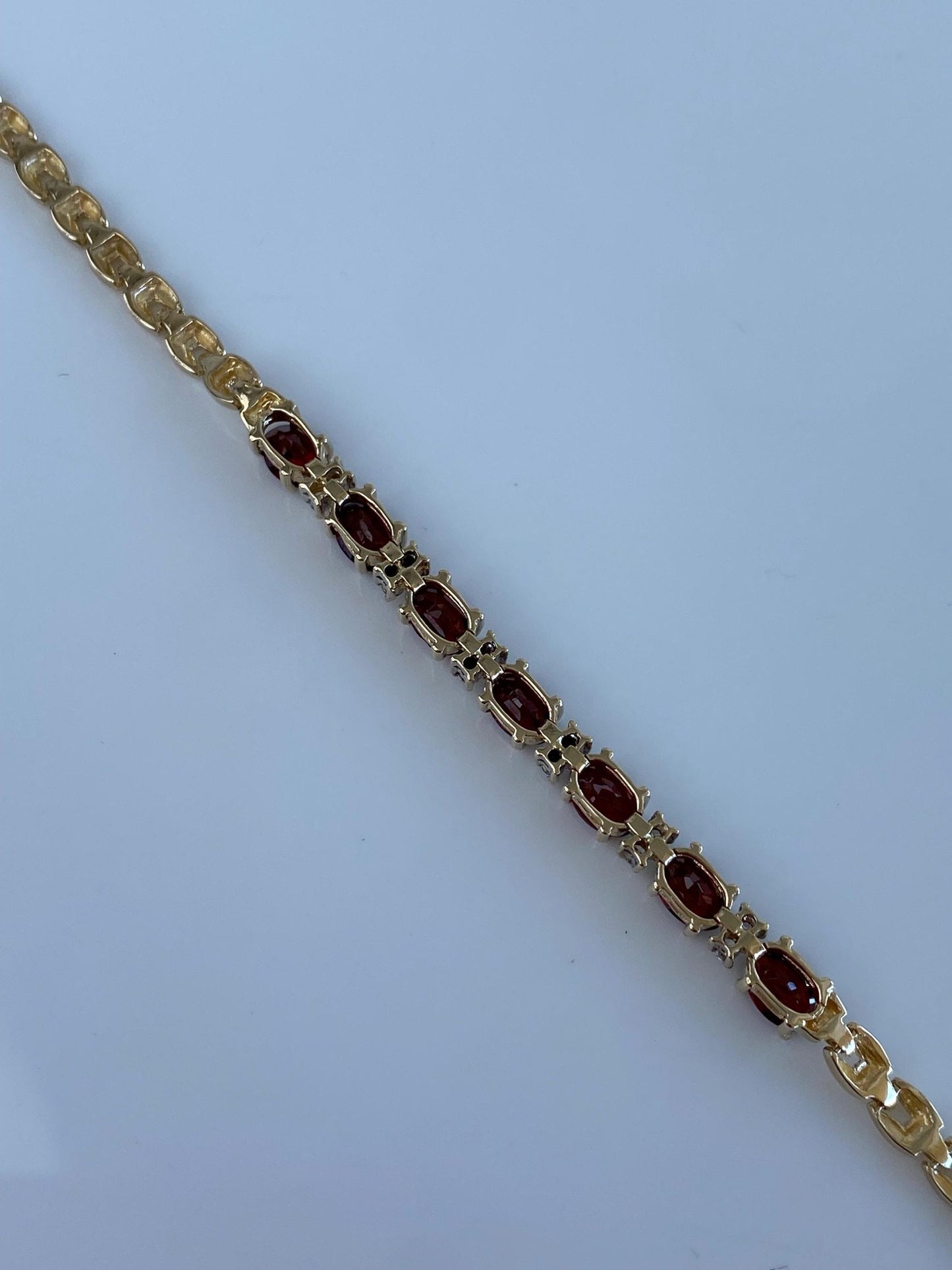 Vintage Solid 14k Yellow Gold Garnet Clear Quartz Flat Link Bracelet - 7.25 inches