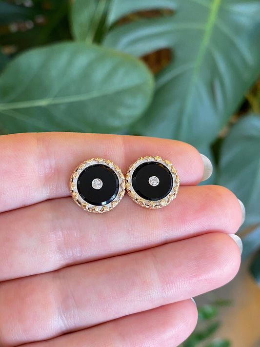 Vintage Solid 14k Yellow Gold & Platinum Diamond Onyx Stud Earrings